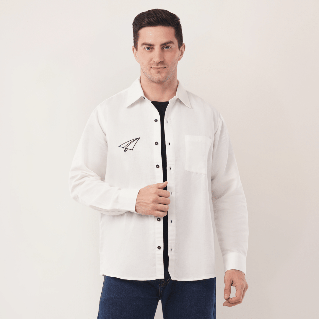 Paper Plane | Embroidery | Hemp Cotton Sustainable Shirt | Men – Men Shirt on Brown Living™. SKU: PaperPlane-S. Img 4.