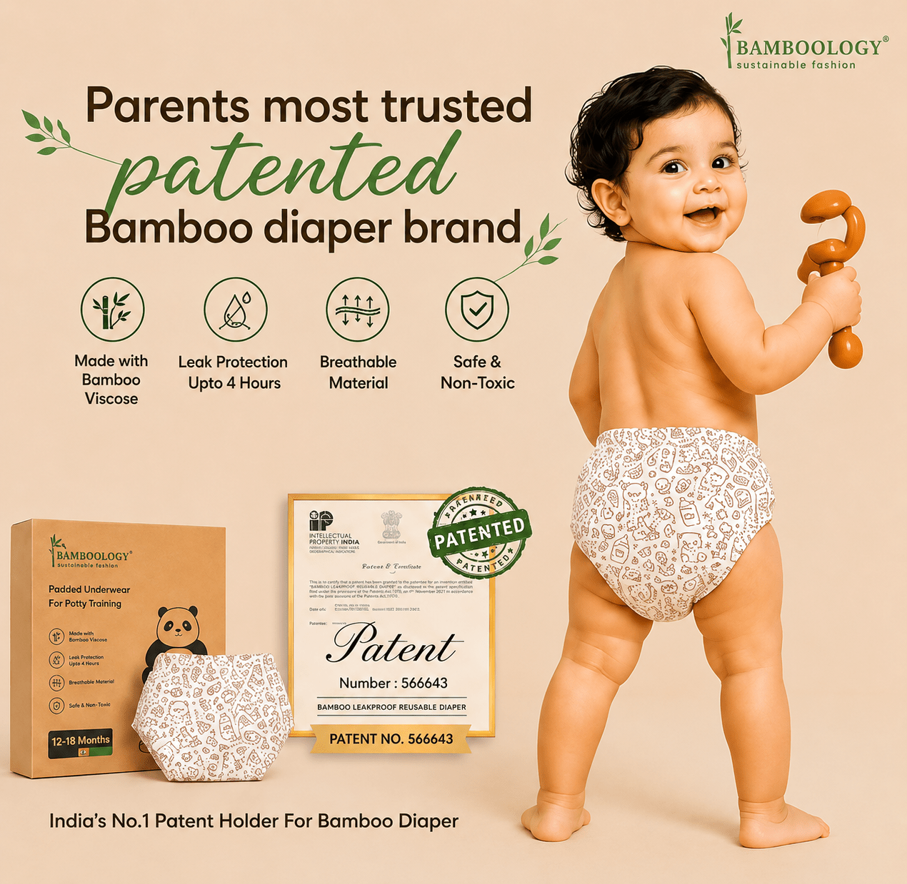 Patented Bamboo Leak-proof Reusable Baby / kids Diaper | Pack of 2 – Baby Diapers on Brown Living™. SKU: KIDS-DIAPER-3-TO-6--MONTH-BEIG. Img 1.