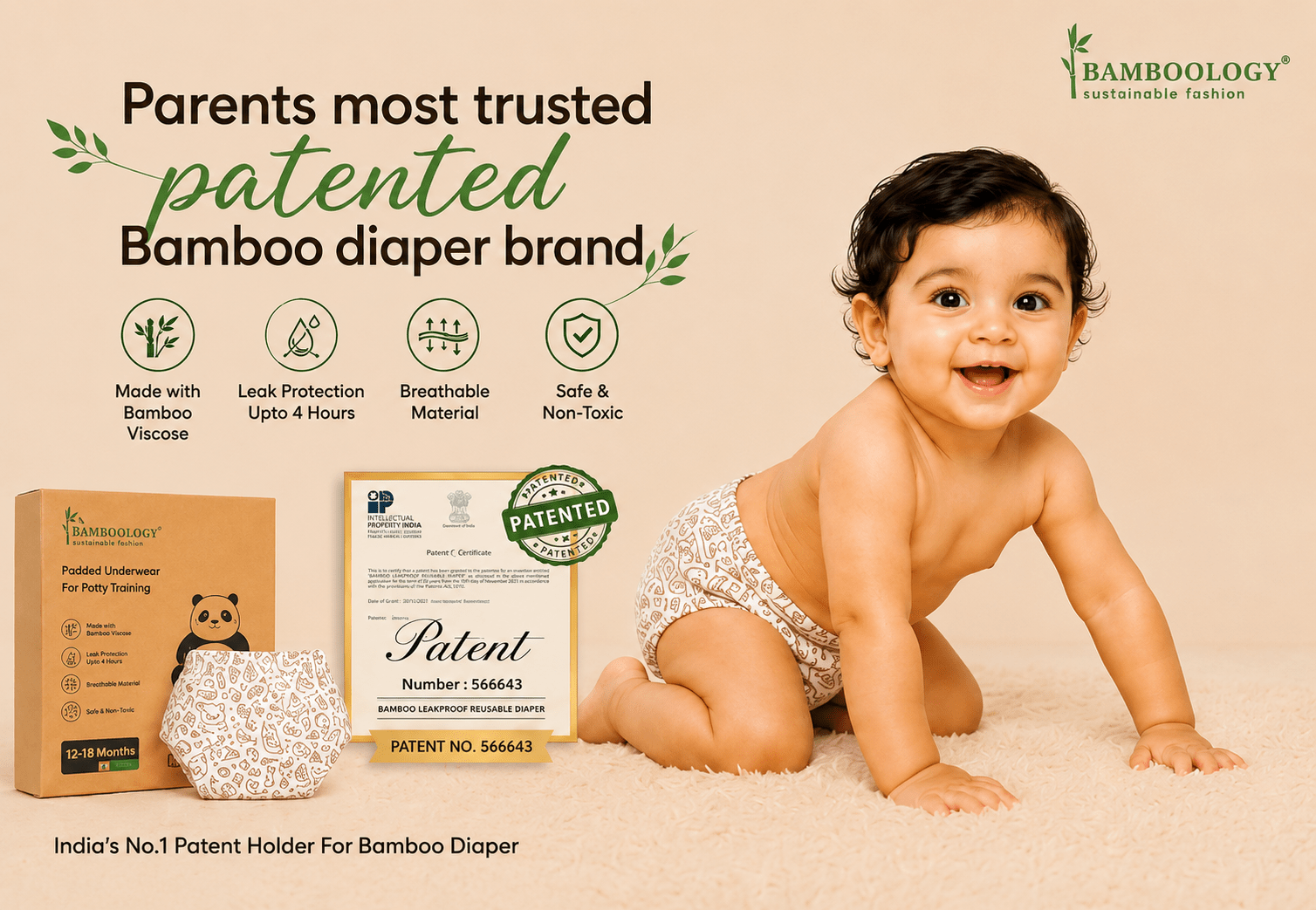 Patented Bamboo Leak-proof Reusable Baby / kids Diaper | Pack of 2 – Baby Diapers on Brown Living™. SKU: KIDS-DIAPER-3-TO-6--MONTH-BEIG. Img 3.