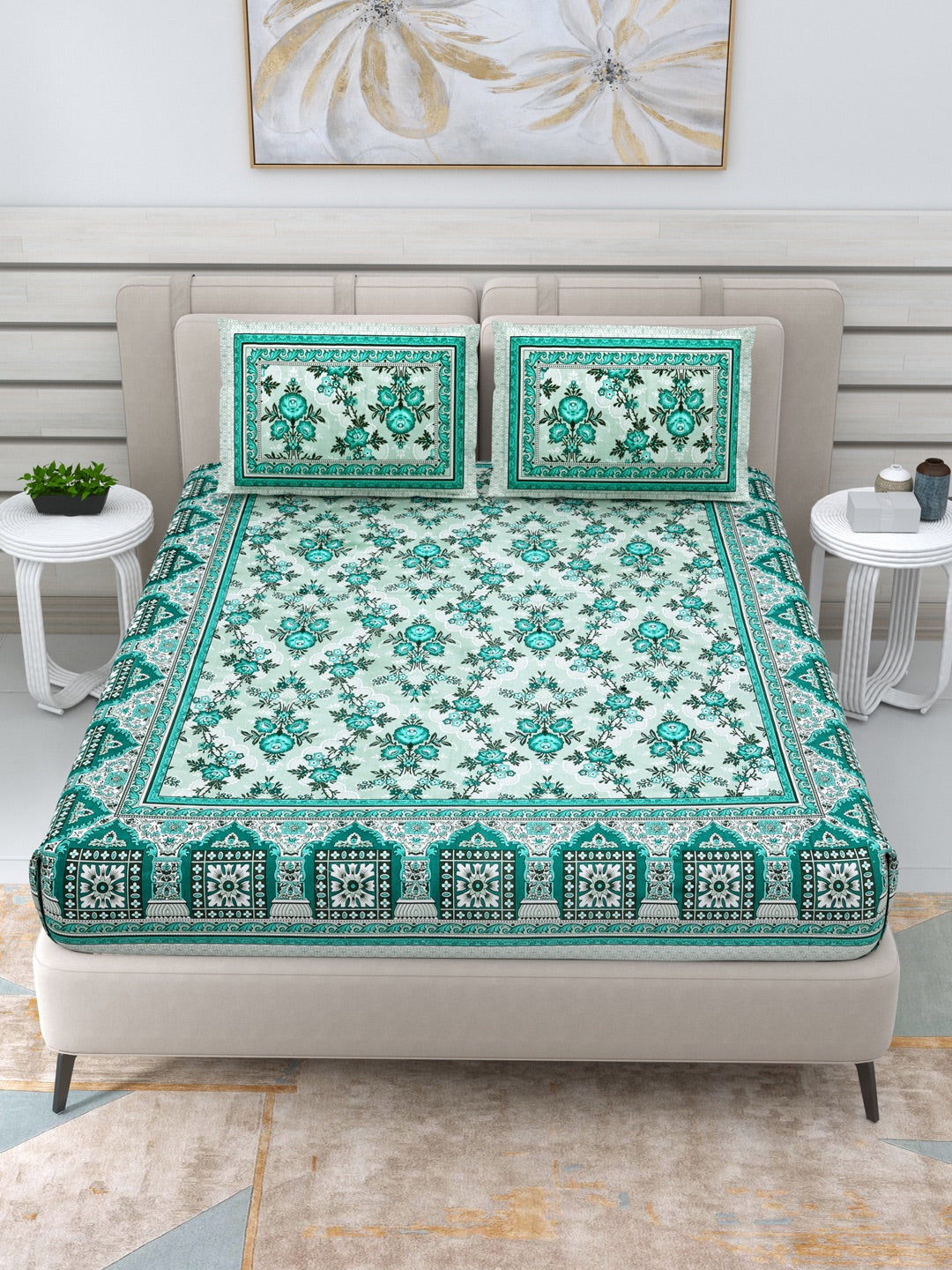 Jaipuri Hand Printed Queen Size Cotton Bedding Set - Green – Bed Linens by Patricko available on Brown Living™. . SKU: PP - 659. Img 3.