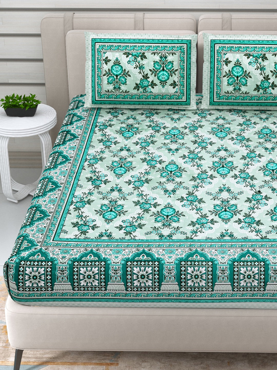 Jaipuri Hand Printed Queen Size Cotton Bedding Set - Green – Bed Linens by Patricko available on Brown Living™. . SKU: PP - 659. Img 4.