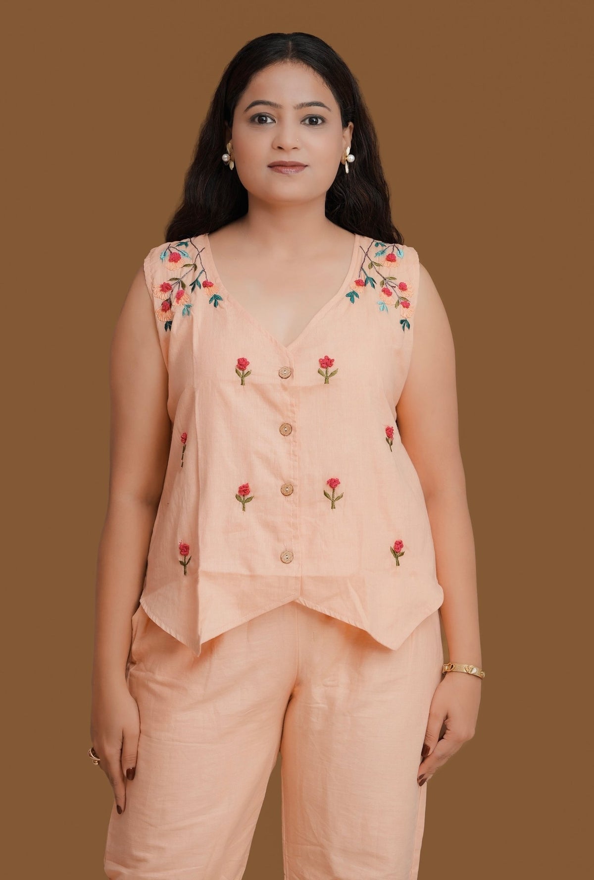 Peach Floral Embroidered Sleeveless Co-Ord Set | Women’s Wear – Womens Co-Ord Sets on Brown Living™. SKU: PEACH-COR. Img 3.