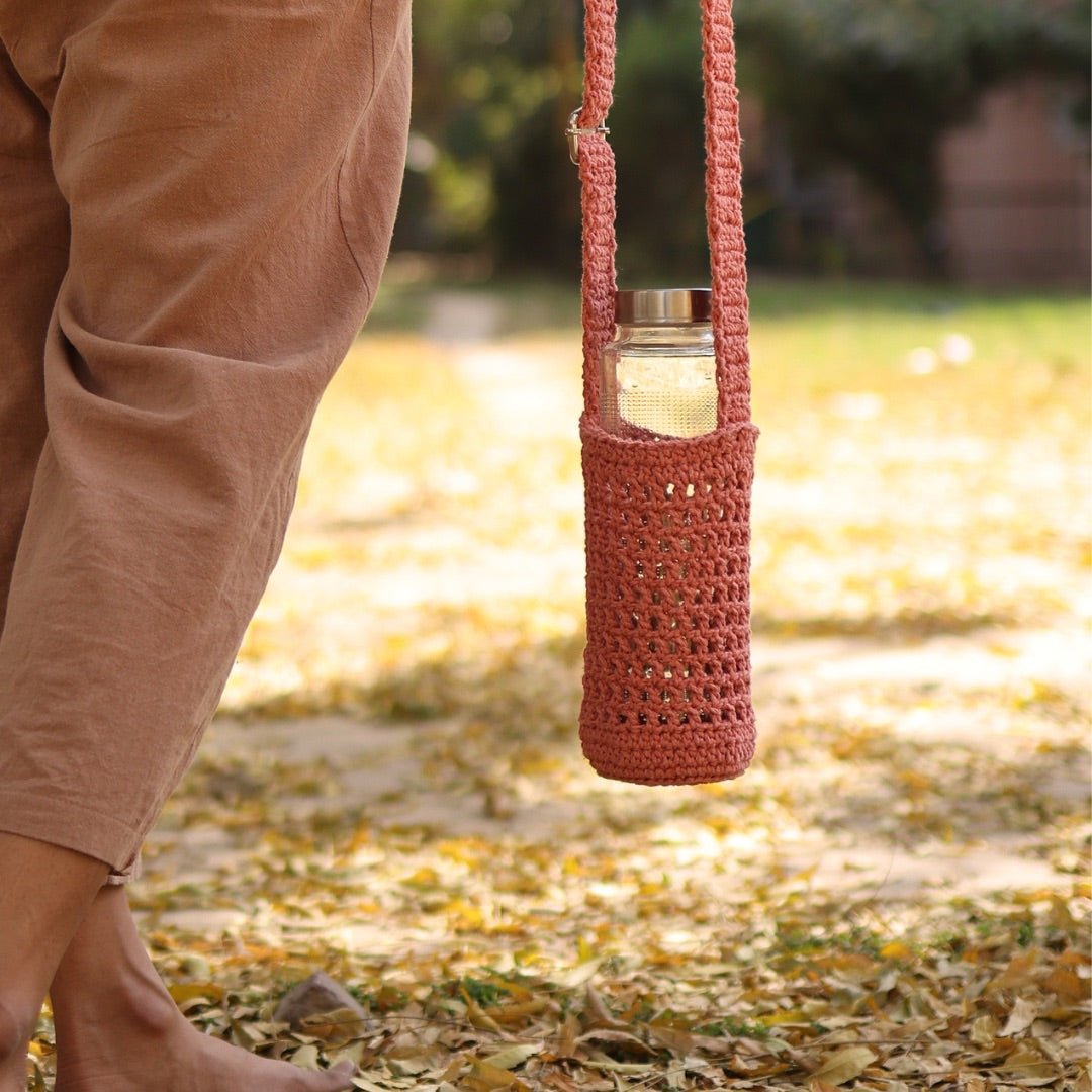 Peach Handmade Crochet Sling Bottle Cover – Bottles & Sippers on Brown Living™. SKU: SAR106. Img 1.