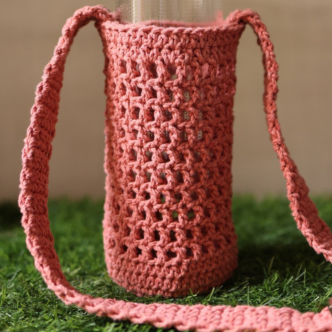 Peach Handmade Crochet Sling Bottle Cover – Bottles & Sippers on Brown Living™. SKU: SAR106. Img 3.