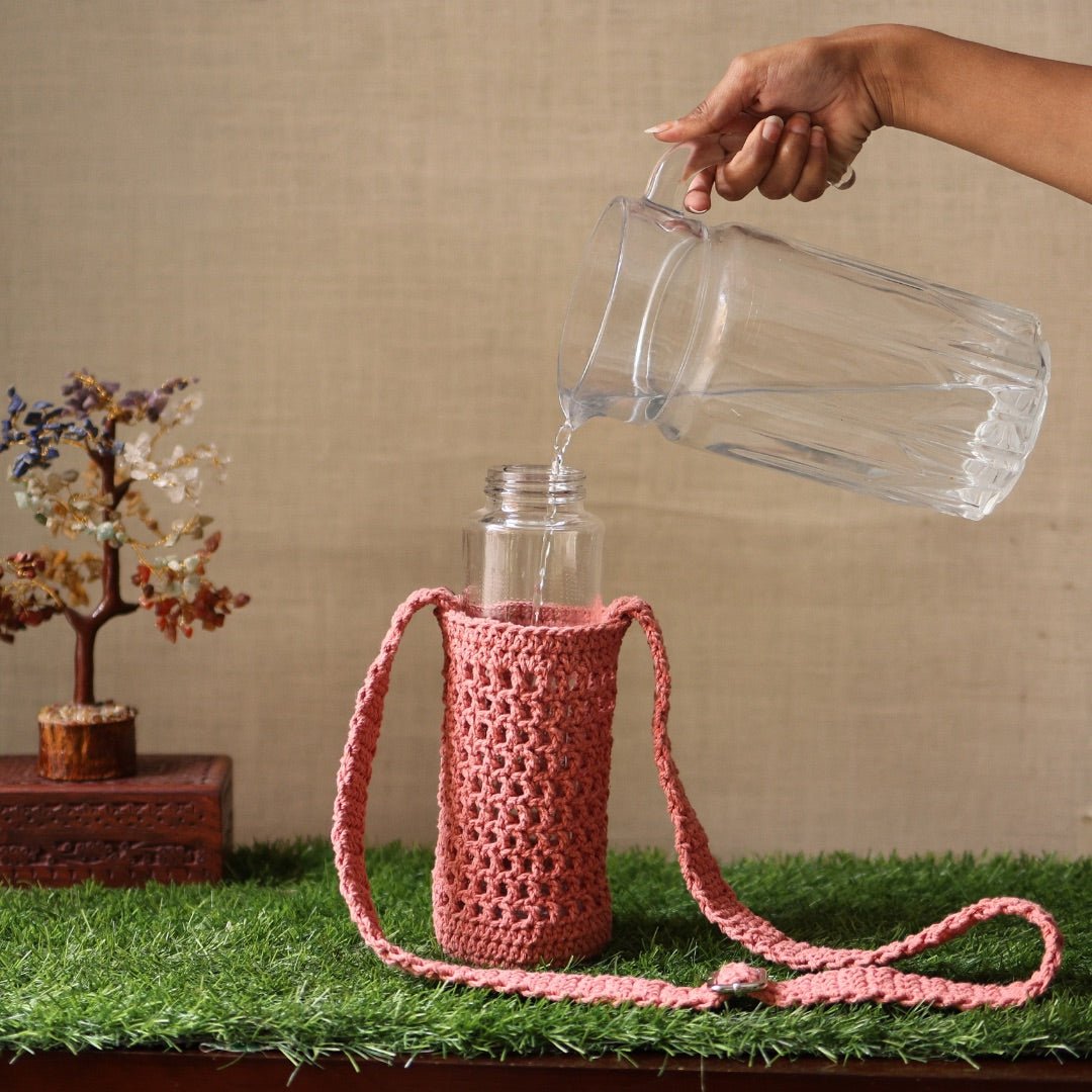 Peach Handmade Crochet Sling Bottle Cover – Bottles & Sippers on Brown Living™. SKU: SAR106. Img 2.