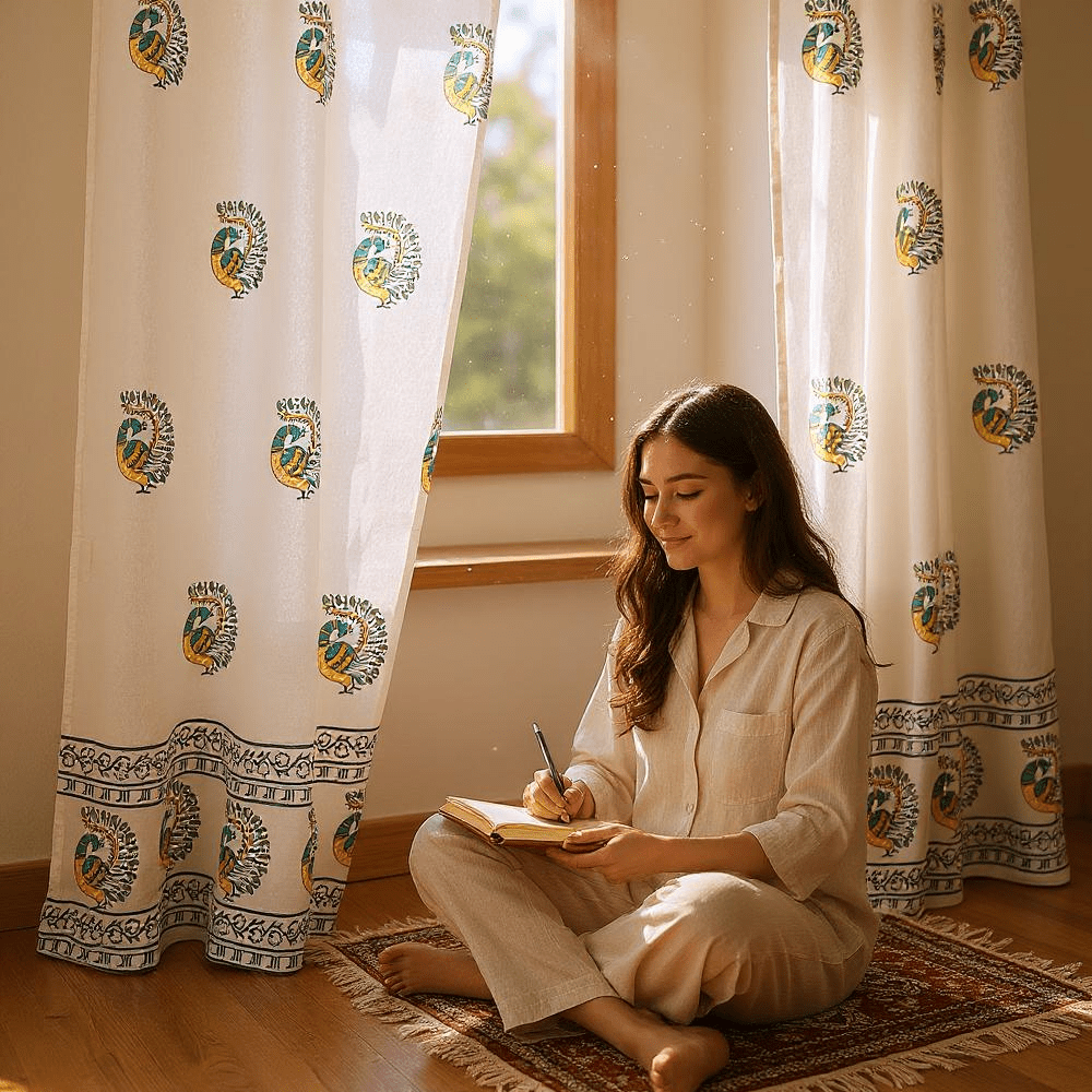 Peacock Print Cotton Door Curtain 7x4 Feet (Set of 2) – Curtains on Brown Living™. SKU: CURPEAK7FEET. Img 1.