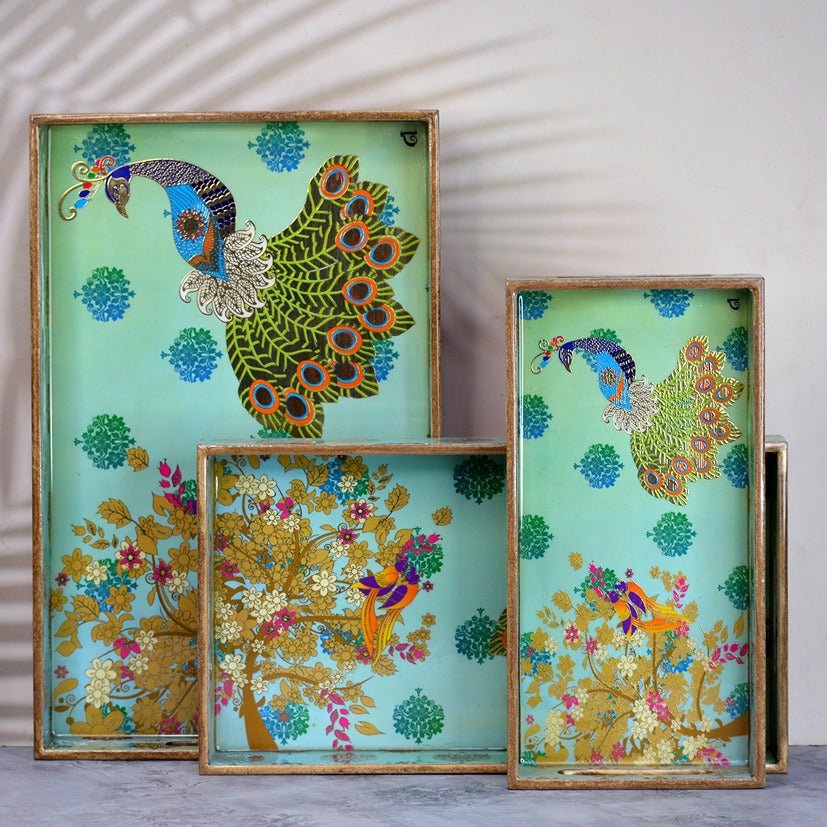 Peacock Themed Rectangular Tray (Set of 3) – Trays & Platters on Brown Living™. SKU: MJ00101TY. Img 1.