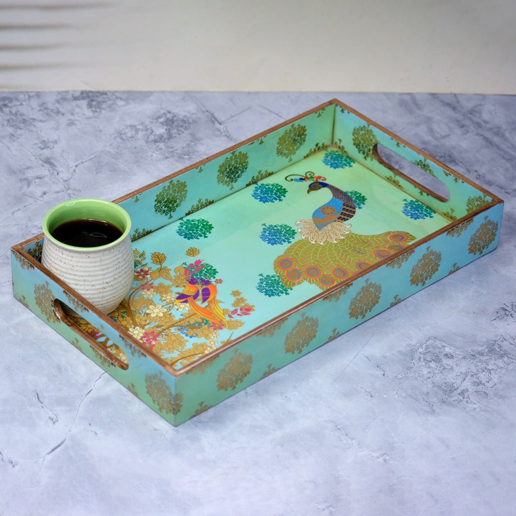 Peacock Themed Rectangular Tray (Set of 3) – Trays & Platters on Brown Living™. SKU: MJ00101TY. Img 3.