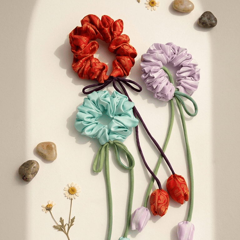 Phir Se Phool Scrunchies Pack Of 3 | Floral Fabric Hair Accessories – Womens Accessories on Brown Living™. SKU: JDSHS003. Img 1.