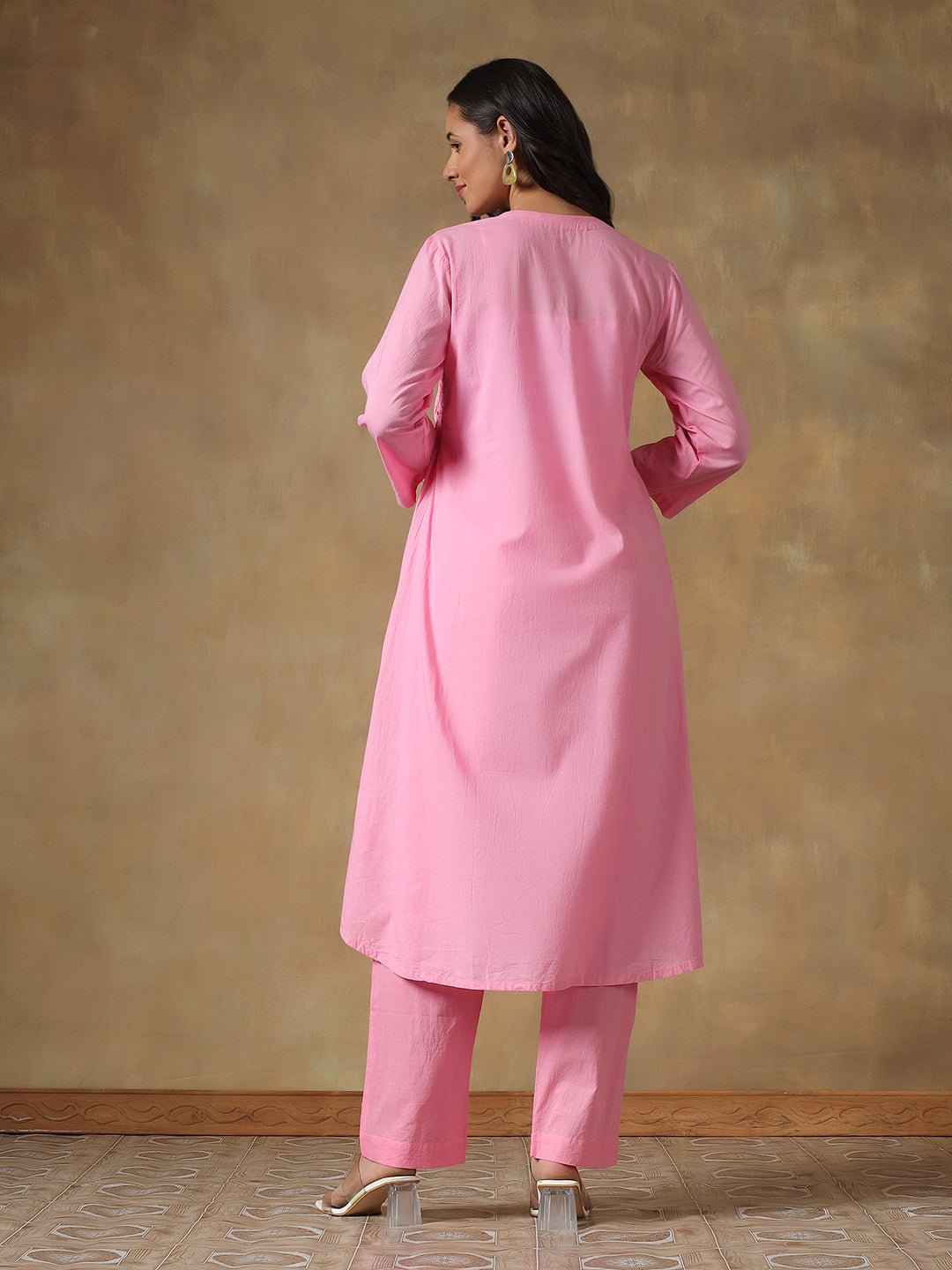 Pink Cotton Chikankari Lucknowi Kurta - Pant Set – Womens Kurta on Brown Living™. SKU: IHANKPS01SP. Img 3.
