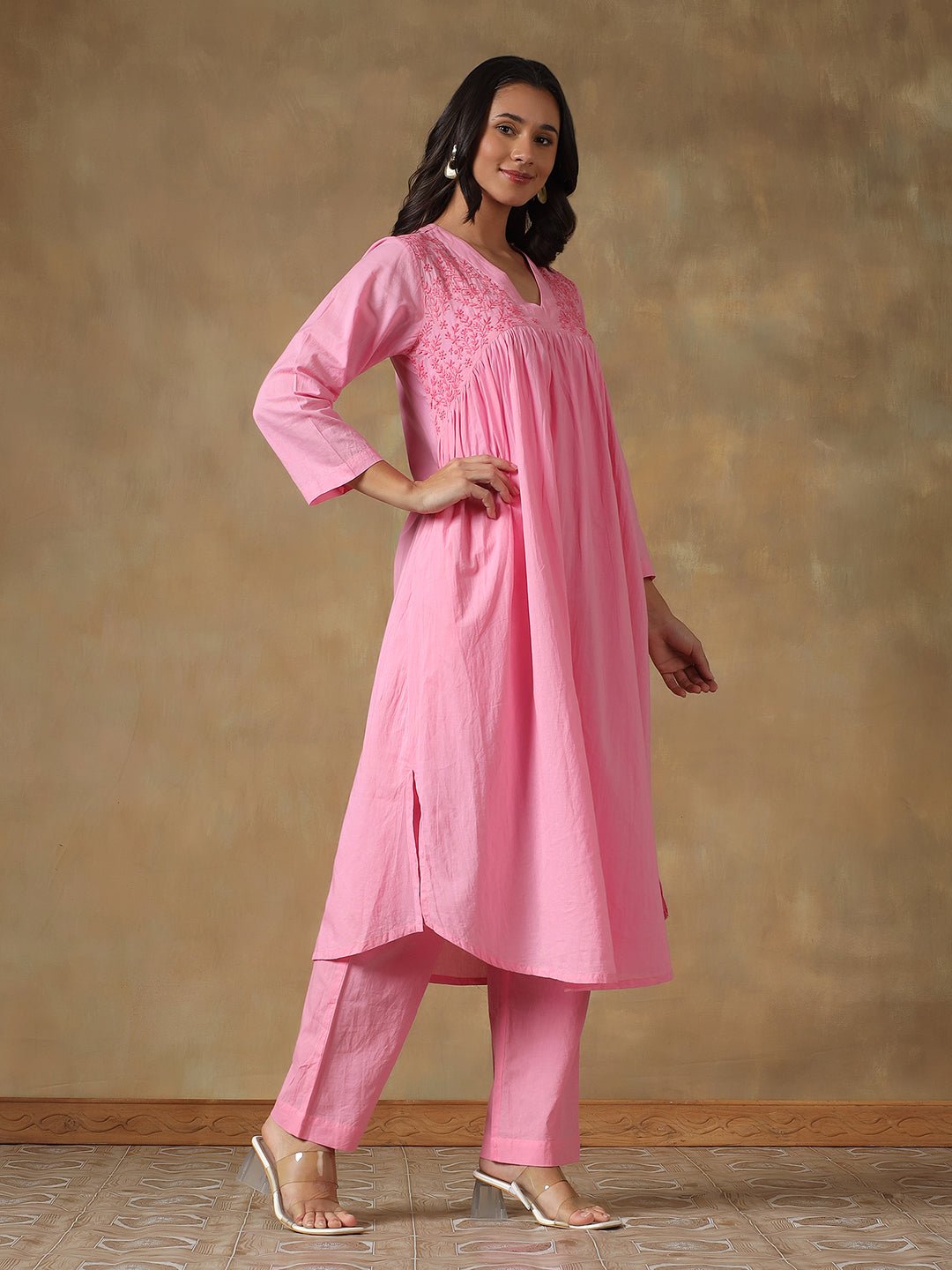 Pink Cotton Chikankari Lucknowi Kurta - Pant Set – Womens Kurta on Brown Living™. SKU: IHANKPS01SP. Img 4.