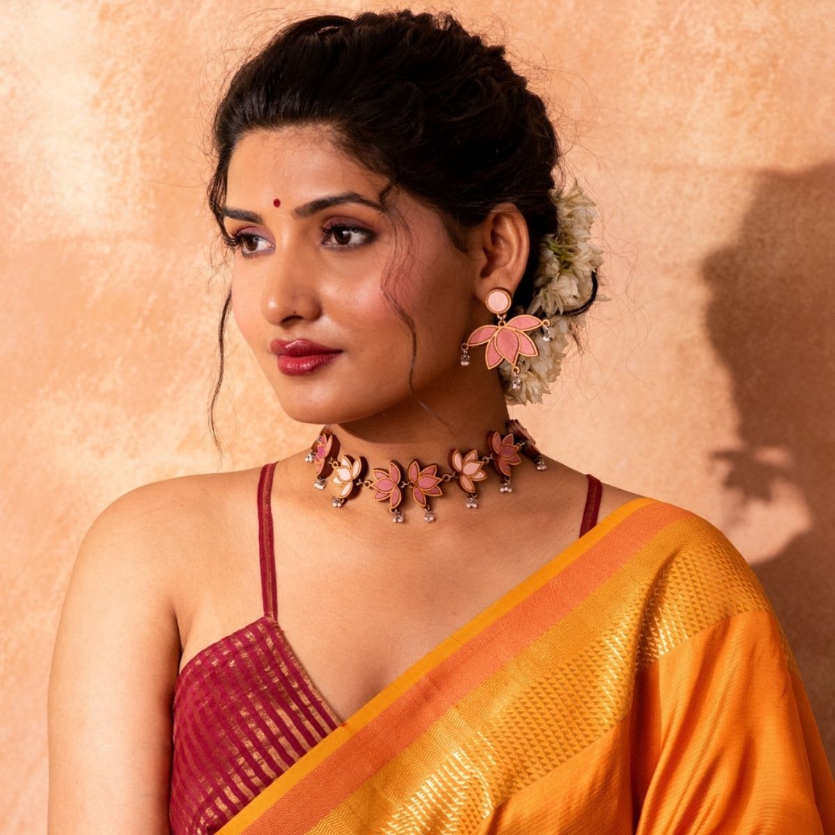 Pink Festive Lotus Repurposed Fabric & Wood| Choker & Earrings Set – Womens Earrings on Brown Living™. SKU: JCC027. Img 2.