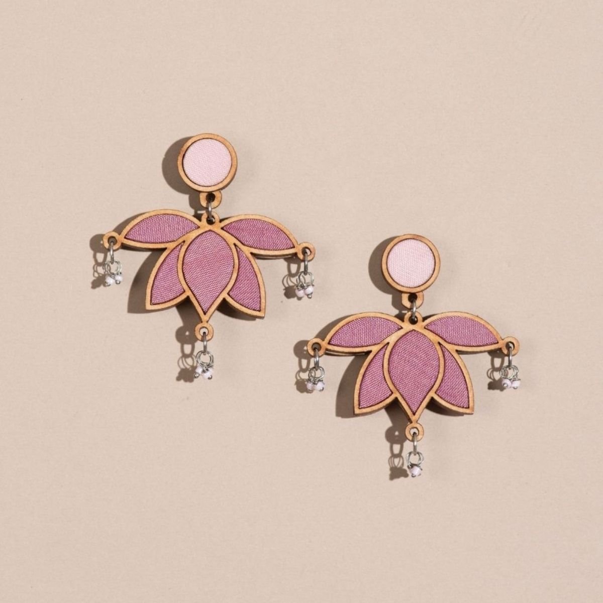 Pink Festive Lotus Repurposed Fabric & Wood| Choker & Earrings Set – Womens Earrings on Brown Living™. SKU: JCC027. Img 4.