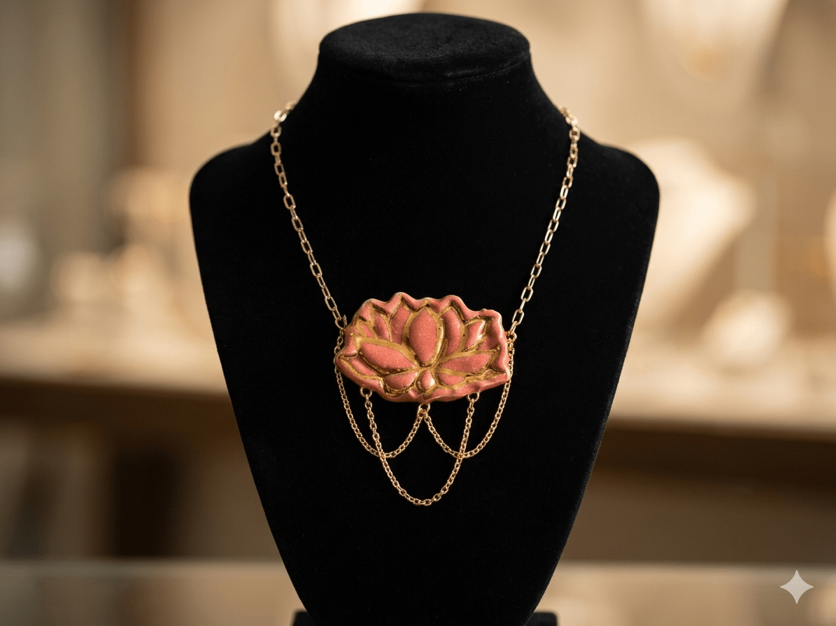 Pink Lotus Bloom Statement Necklace with Layered Chains – Womens Necklaces on Brown Living™. SKU: 001abpng. Img 2.