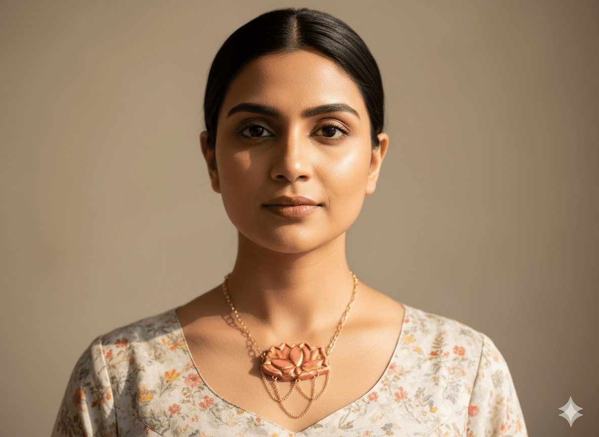 Pink Lotus Bloom Statement Necklace with Layered Chains – Womens Necklaces on Brown Living™. SKU: 001abpng. Img 1.