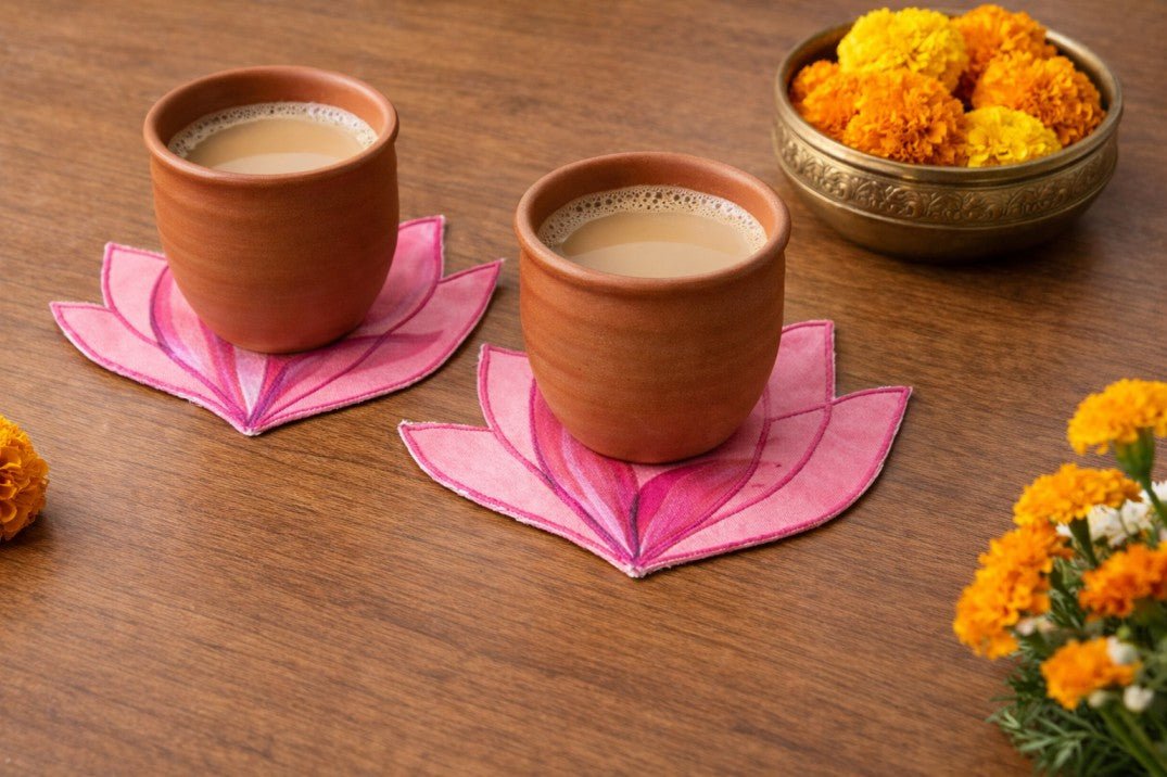 Pink Lotus Fabric Coasters | Handcrafted Table Décor Set Of 4 – Coasters on Brown Living™. SKU: CA01. Img 4.