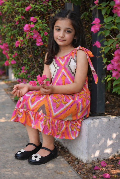Pink Mosaic Cotton dress with tie up at shoulder Regular Fit for Girls – Kids Daywear Sets on Brown Living™. SKU: PG160_1. Img 5.