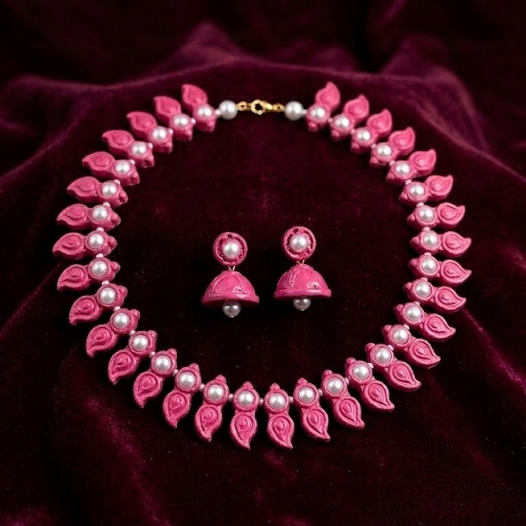 Pink Pearl Traditional Necklace Set With Earrings Ethnic Jewellery – Womens Jewelry Sets on Brown Living™. SKU: KOTT-T005. Img 2.
