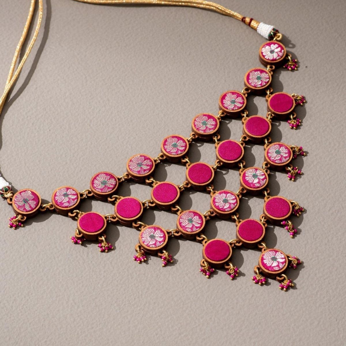 Pink Pure Banarasi Repurposed Fabric Wood Necklace Earrings Combo – Womens Earrings on Brown Living™. SKU: JCC042. Img 3.