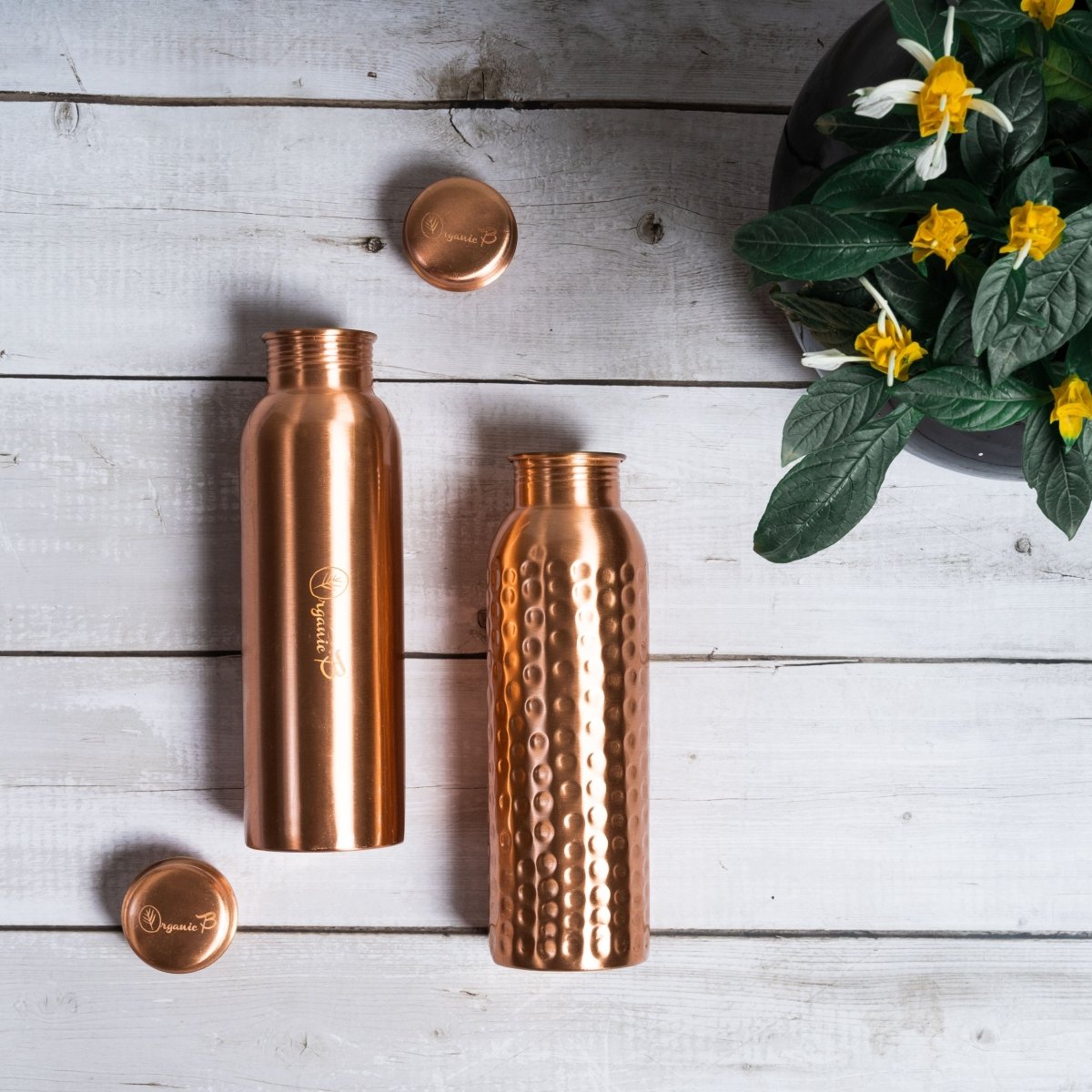 Plain & Hammered Copper Water Bottle Set of 2 - 900 ml Each