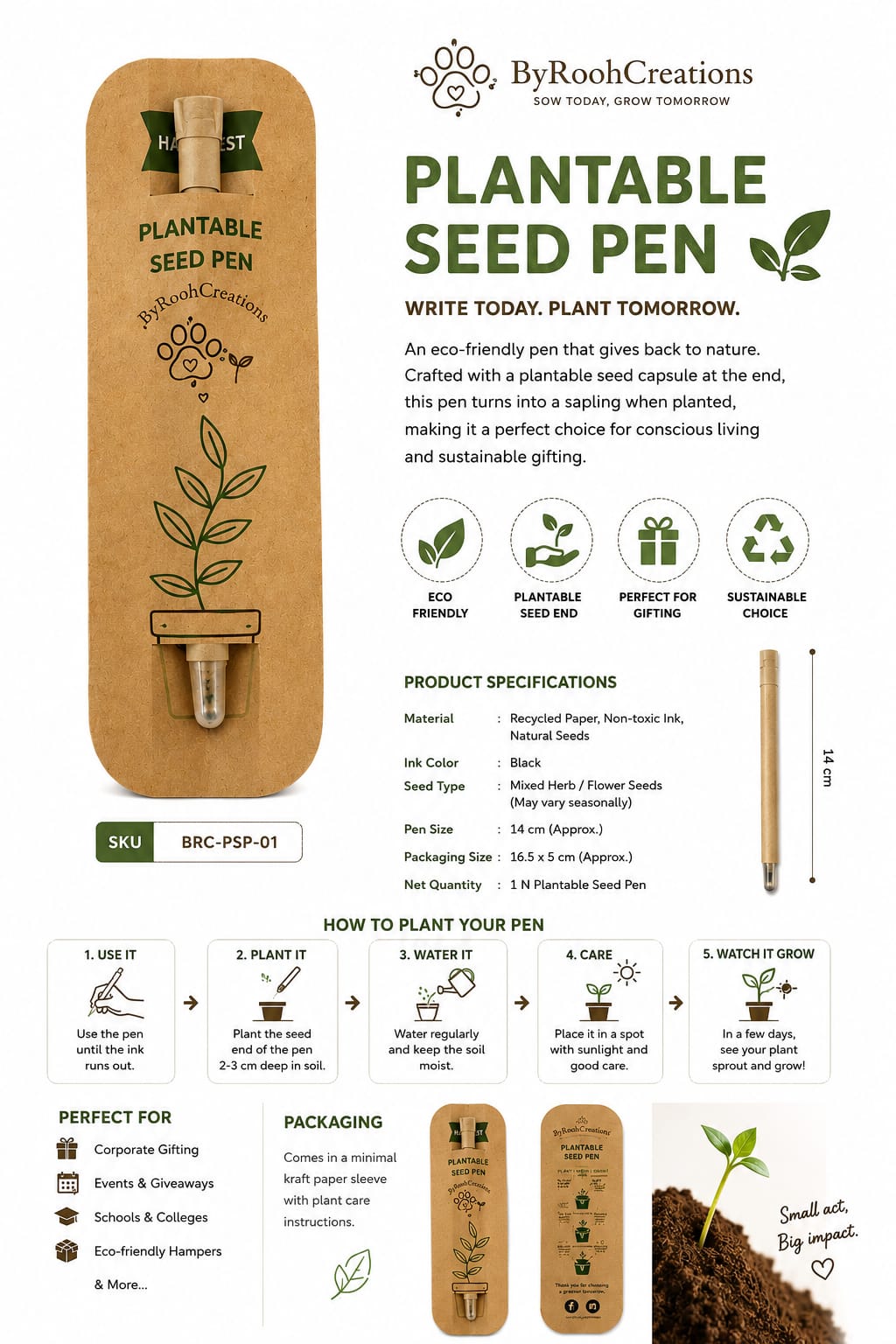 Plantable Eco-Friendly Seed Pen | Sustainable Green Stationery – Pens on Brown Living™. SKU: BRC-PSP-01. Img 4.