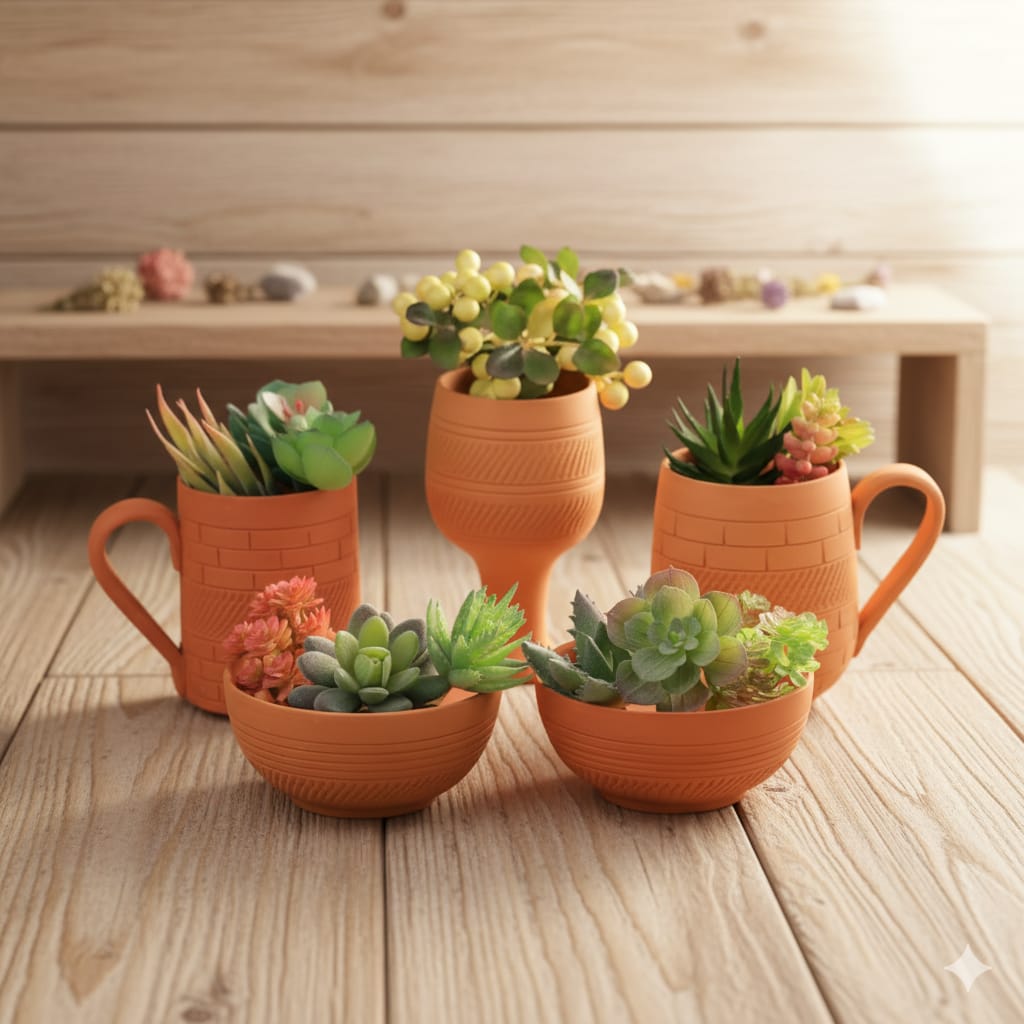 Planter Set of 5 –Coffee Mug & Bowl Ceramic Indoor & Outdoor Planters – Home & Garden on Brown Living™. SKU: PL13-5. Img 1.