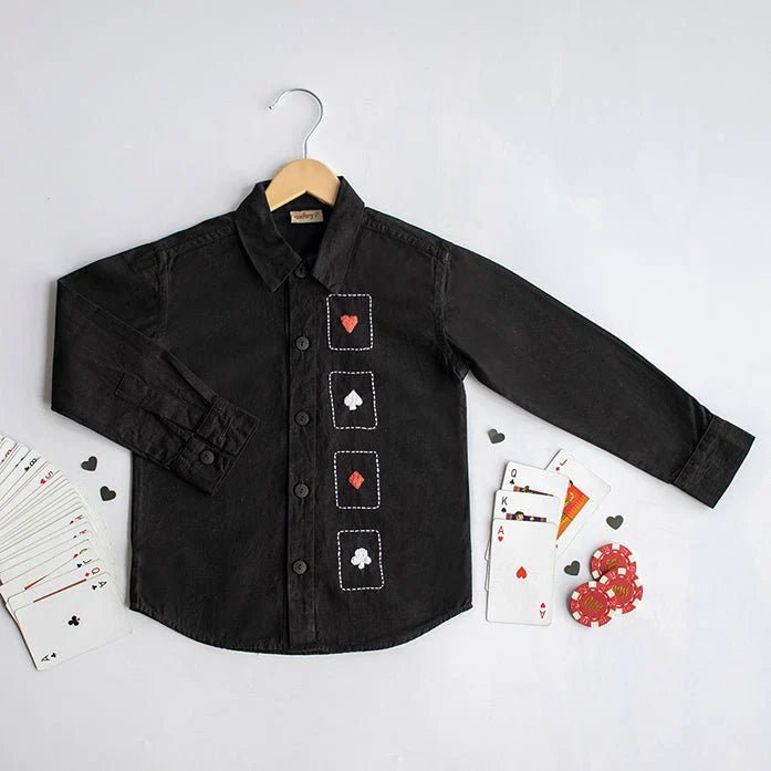 Playing Cards Embroidered 100% Organic Cotton – Kids Shirts by Nanhey available on Brown Living™. 12 - 18 Months Black. SKU: PCE - B1. Img 9.