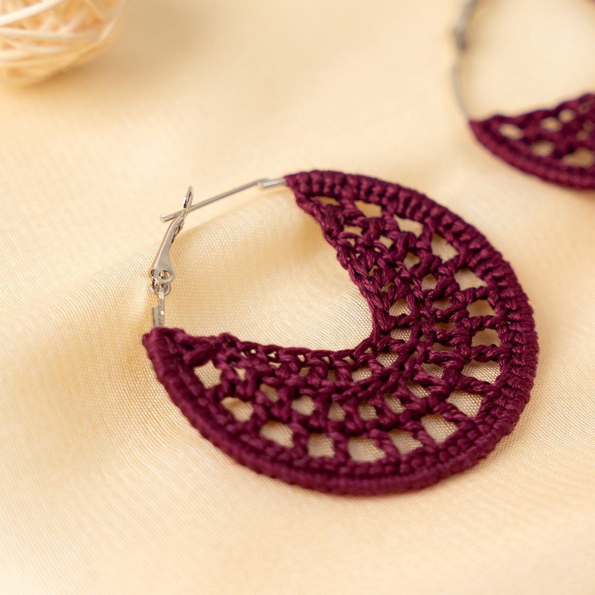 Plum Mojito Earrings | Hand Crochet Violet Hoop Earrings – Jewellery on Brown Living™. SKU: AM-EAR-PlumMojito. Img 2.
