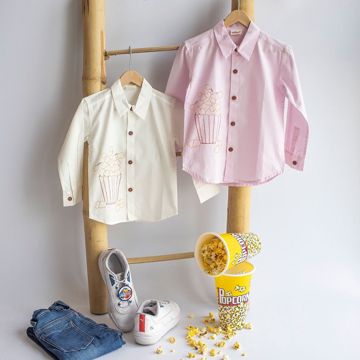 Popcorn Embroidered Unisex Organic Cotton Shirt - White – Kids Shirts on Brown Living™. SKU: NANFS001EMB012 - 18M. Img 7.