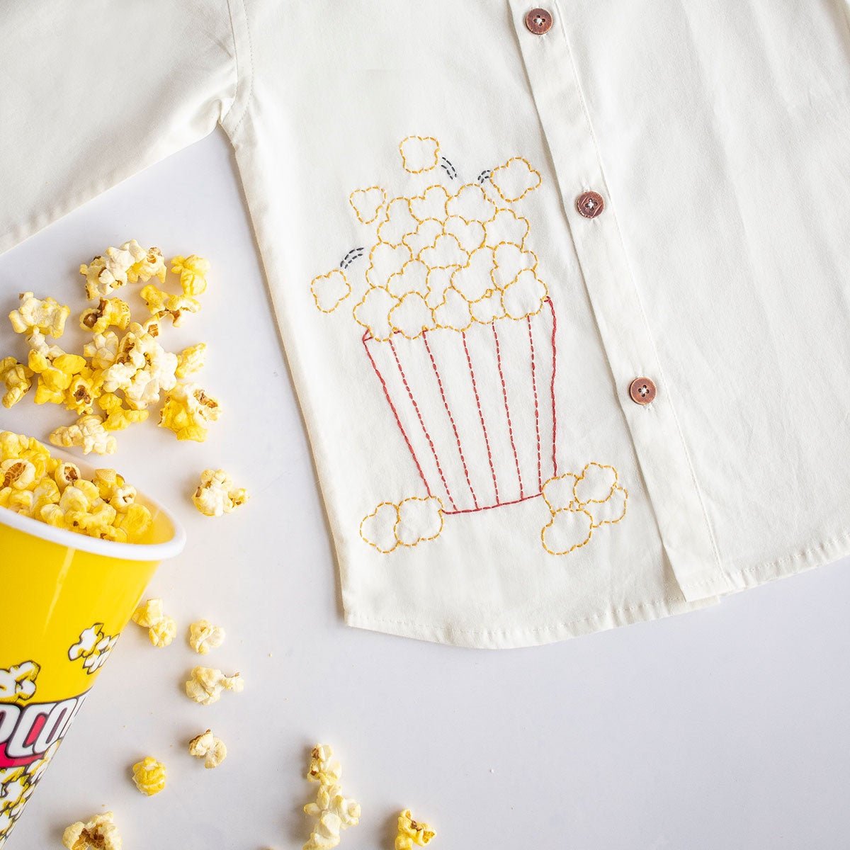 Popcorn Embroidered Unisex Organic Cotton Shirt - White – Kids Shirts on Brown Living™. SKU: NANFS001EMB012 - 18M. Img 2.