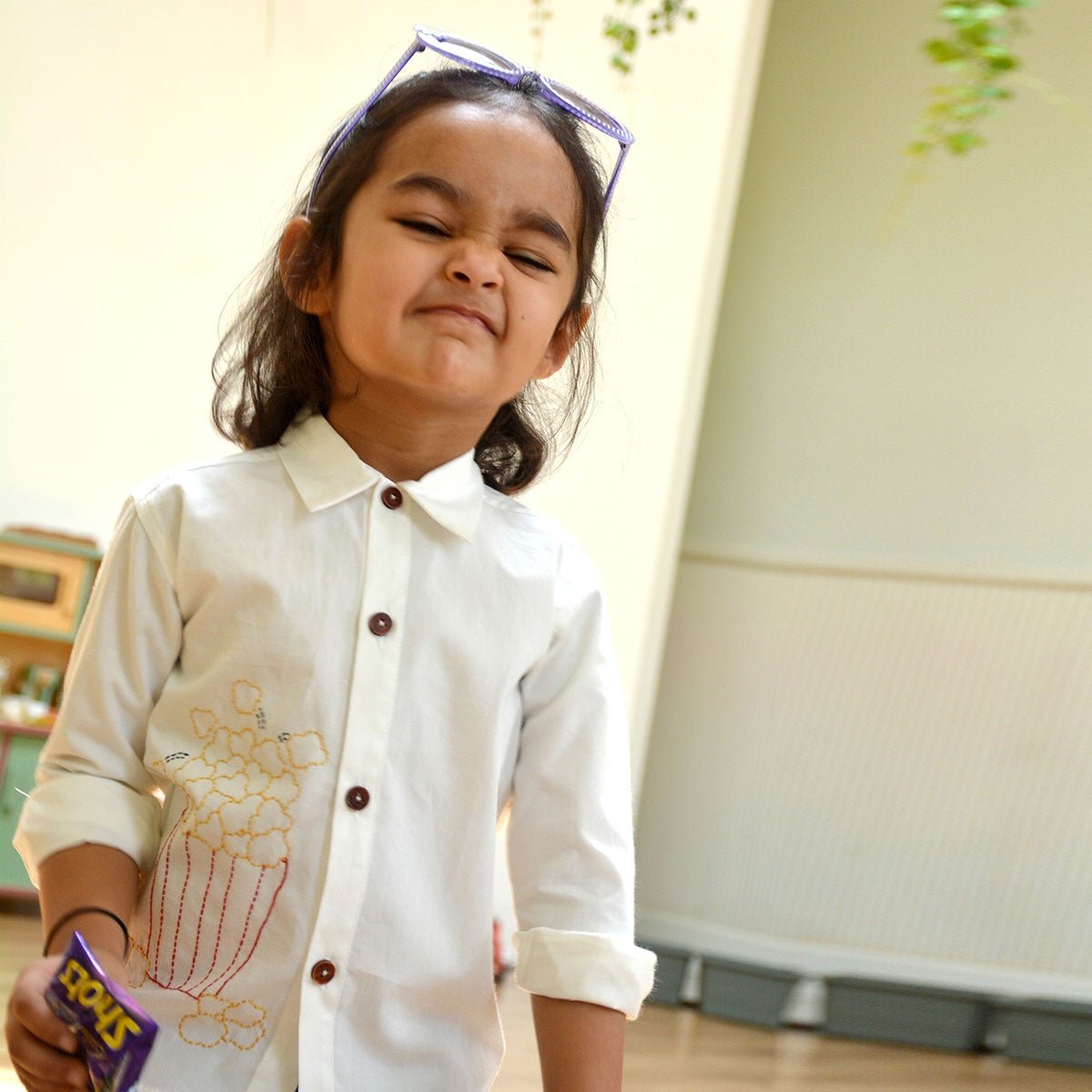 Popcorn Embroidered Unisex Organic Cotton Shirt - White – Kids Shirts on Brown Living™. SKU: NANFS001EMB012 - 18M. Img 3.