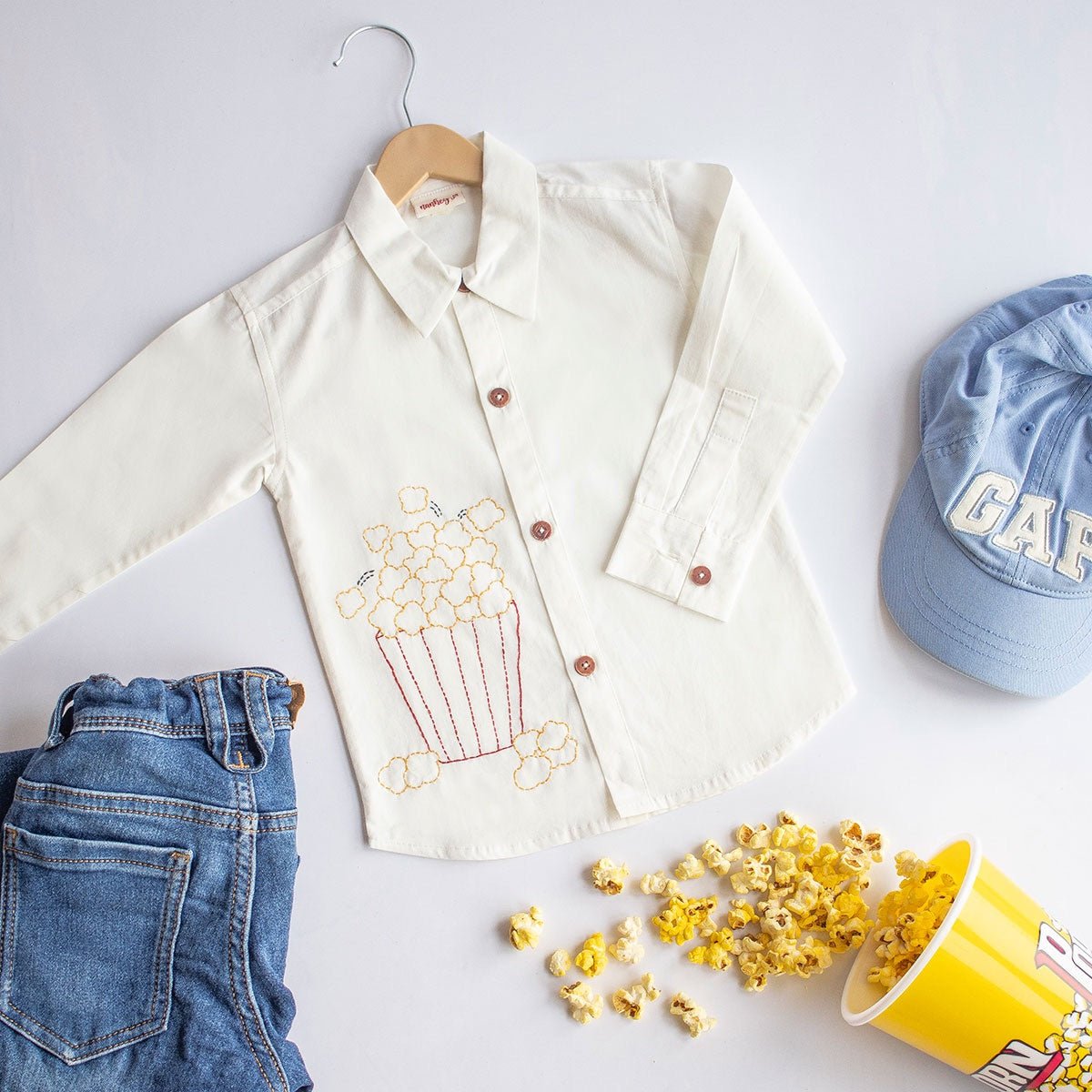 Popcorn Embroidered Unisex Organic Cotton Shirt - White – Kids Shirts on Brown Living™. SKU: NANFS001EMB012 - 18M. Img 1.