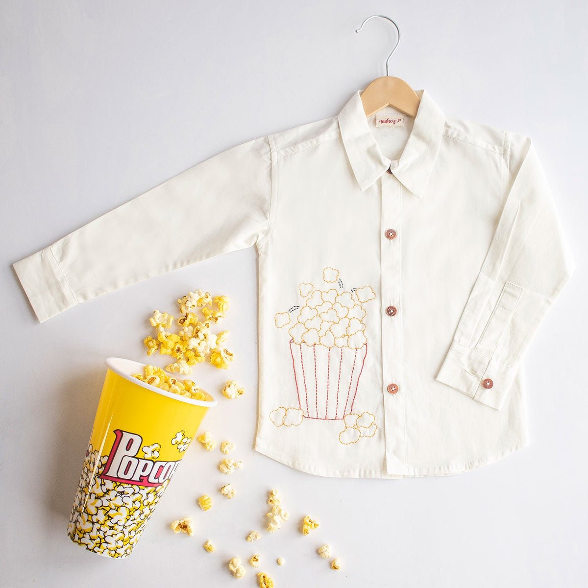 Popcorn Embroidered Unisex Organic Cotton Shirt - White – Kids Shirts on Brown Living™. SKU: NANFS001EMB012 - 18M. Img 4.