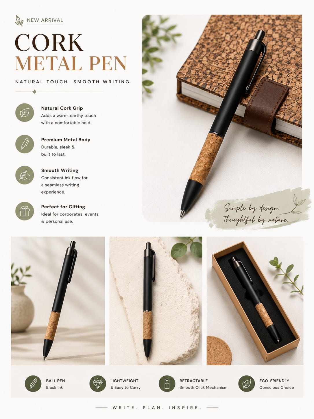 Premium Cork & Metal Ball Pen | Eco-Friendly Executive Pen – Pens on Brown Living™. SKU: BRC-CMP-01. Img 4.