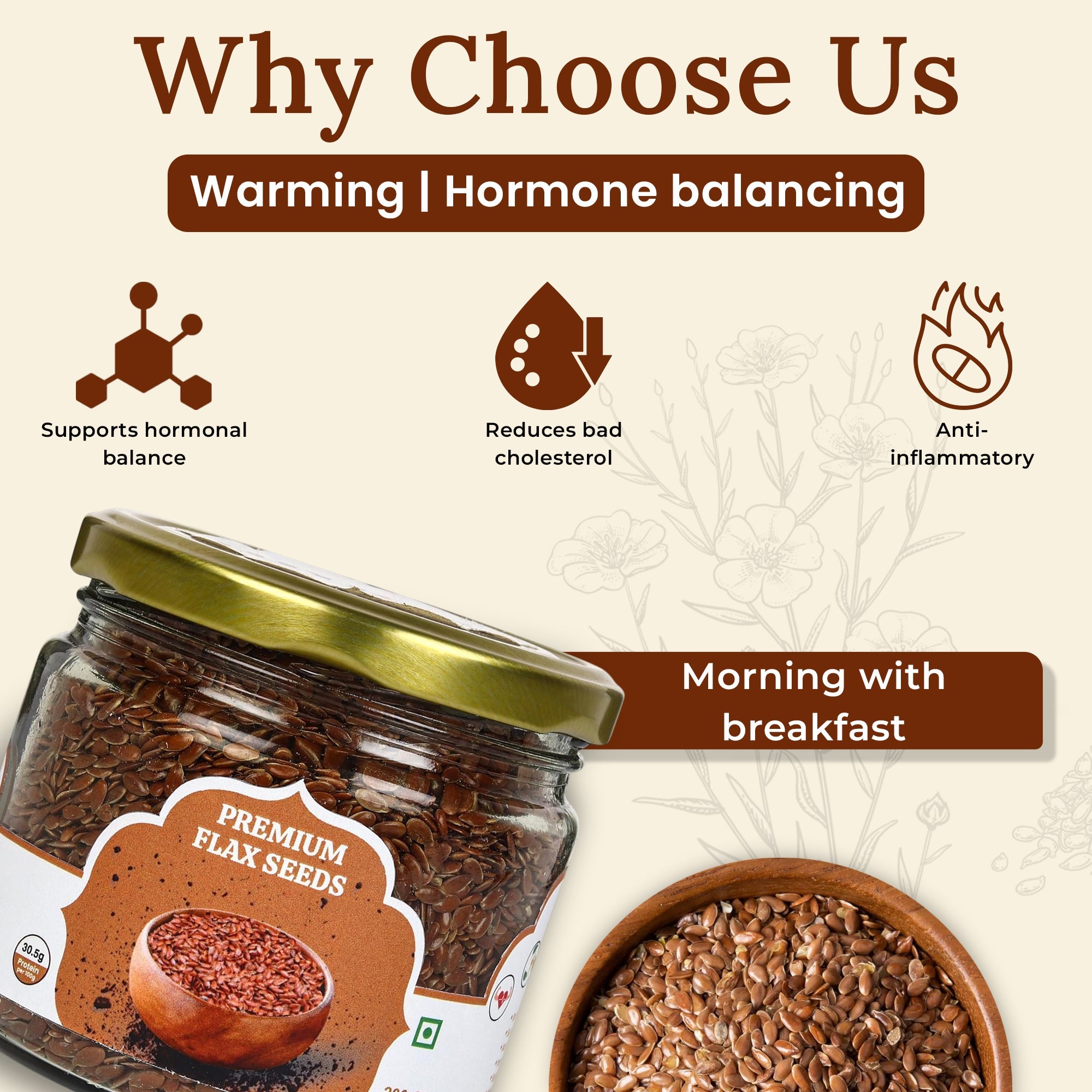 Premium Flax Seeds 200g | Natural High Fiber Seeds – Dried Fruits, Nuts & Seeds on Brown Living™. SKU: ARNAS-4. Img 6.