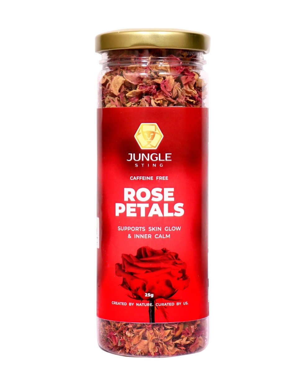 Premium Rose Petal Tea | Aromatic Herbal Tea for Skin Glow & Digestion – Tea by JUNGLE STING available on Brown Living™. . SKU: JSROSETEA. Img 1.