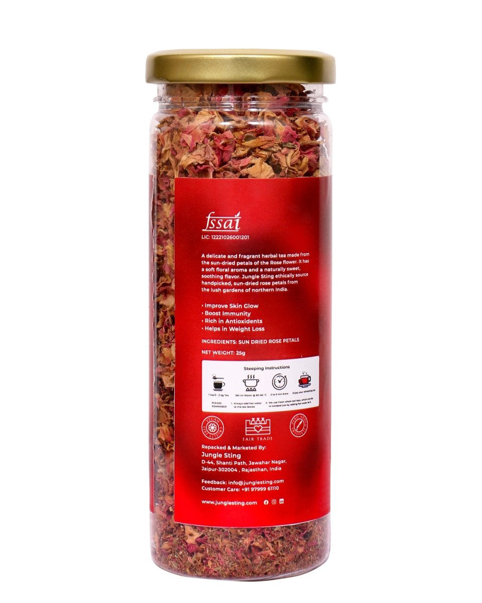 Premium Rose Petal Tea | Aromatic Herbal Tea for Skin Glow & Digestion – Tea by JUNGLE STING available on Brown Living™. . SKU: JSROSETEA. Img 2.