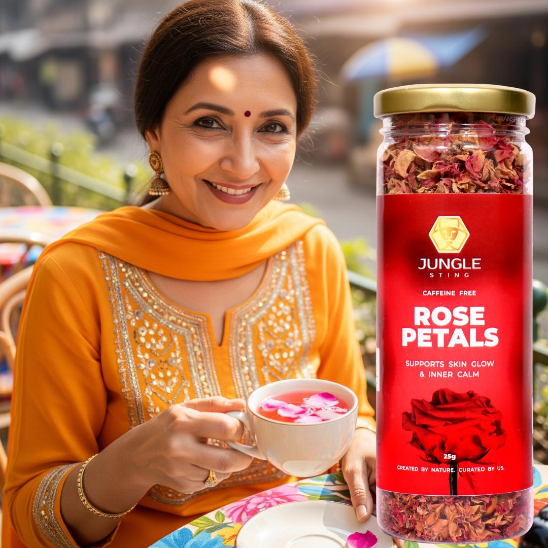 Premium Rose Petal Tea | Aromatic Herbal Tea for Skin Glow & Digestion – Tea by JUNGLE STING available on Brown Living™. . SKU: JSROSETEA. Img 4.