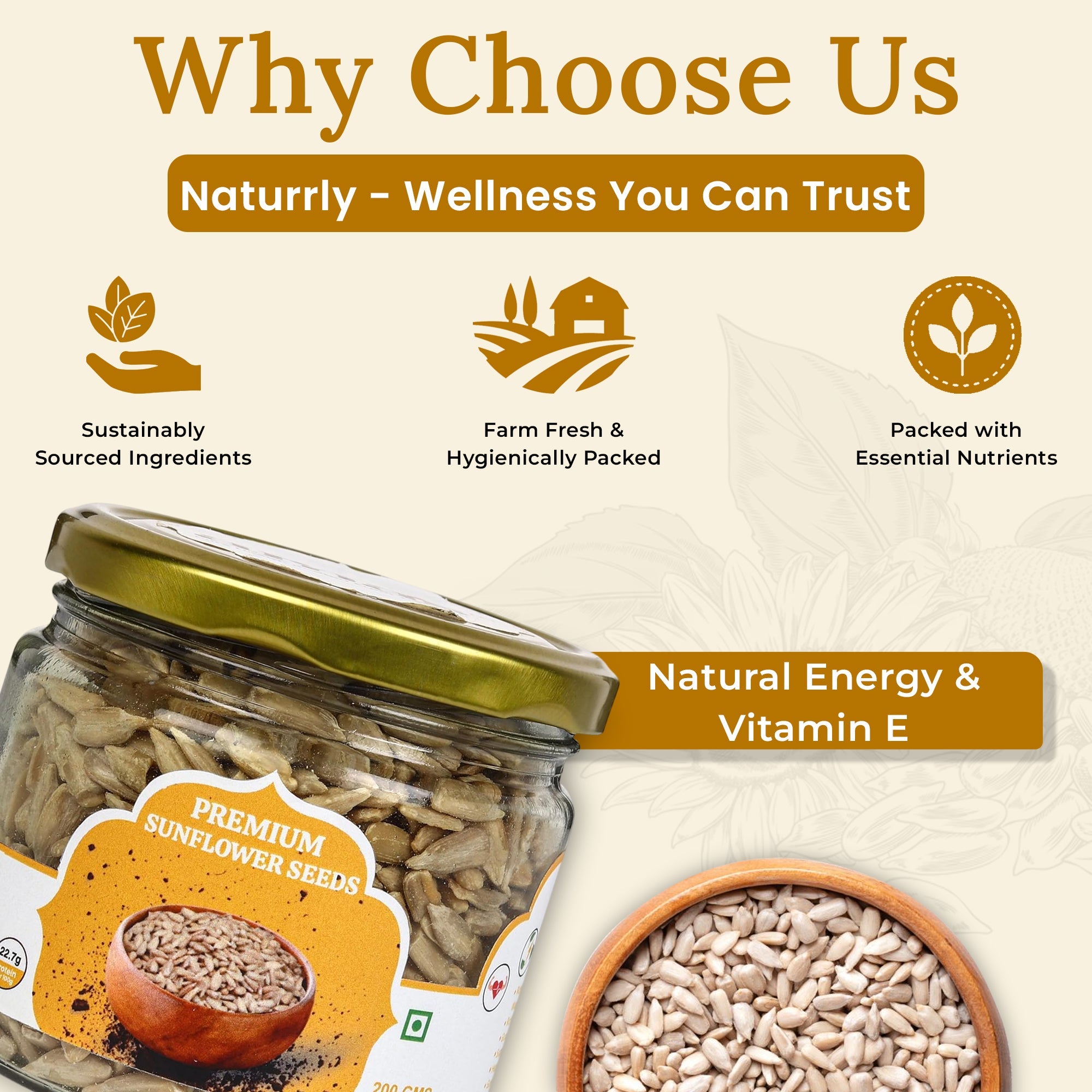 Premium Sunflower Seeds 200g | Pure Natural Protein Seeds – Dried Fruits, Nuts & Seeds on Brown Living™. SKU: ARNAS-3. Img 6.
