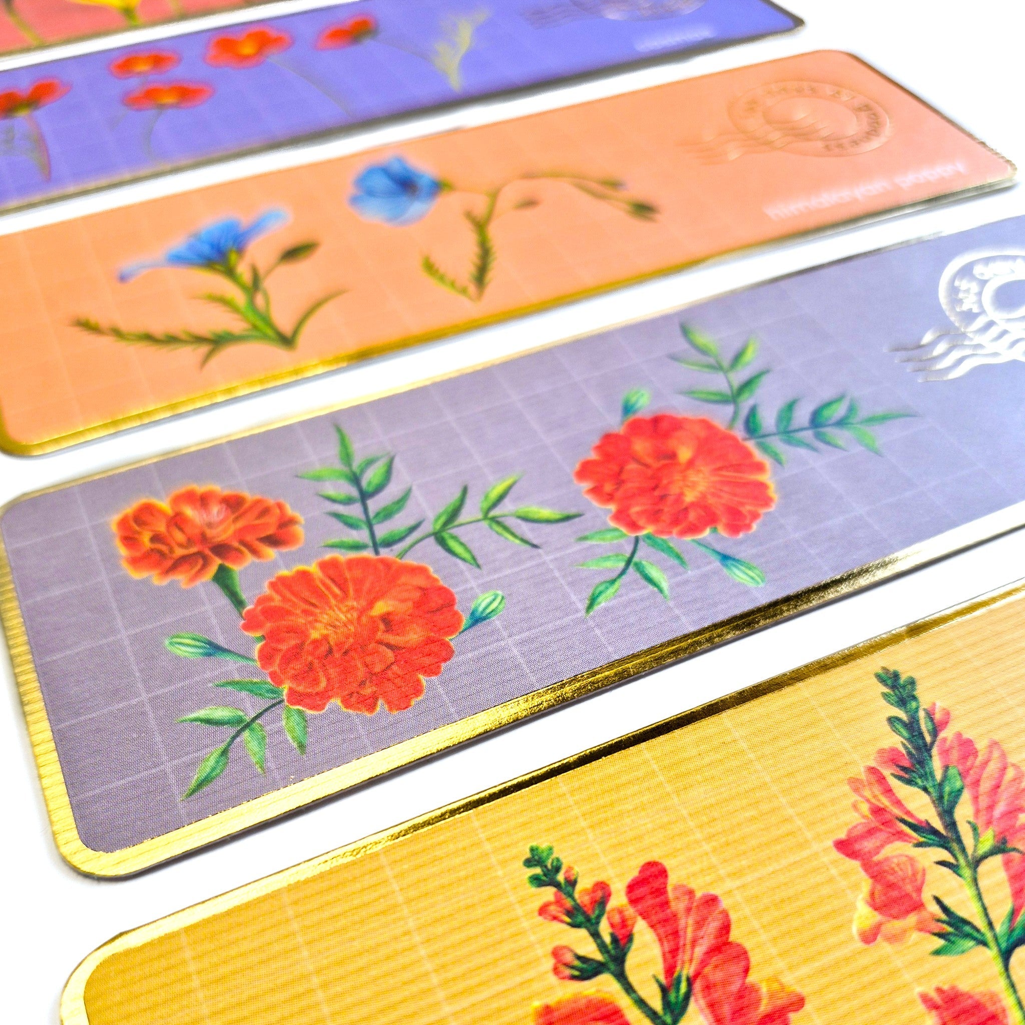 Premium Textured Floral Bookmarks Set of 5 – Bookmarks on Brown Living™. SKU: BM01B. Img 3.