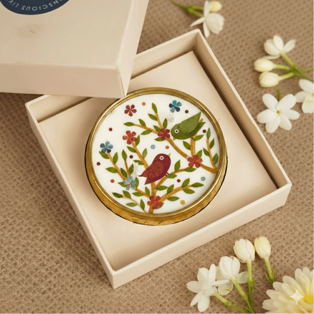 Pressed Flower Birds Theme Brass Urli Diya | Decorative Brass Diya – Home Decor on Brown Living™. SKU: GRBR01. Img 2.
