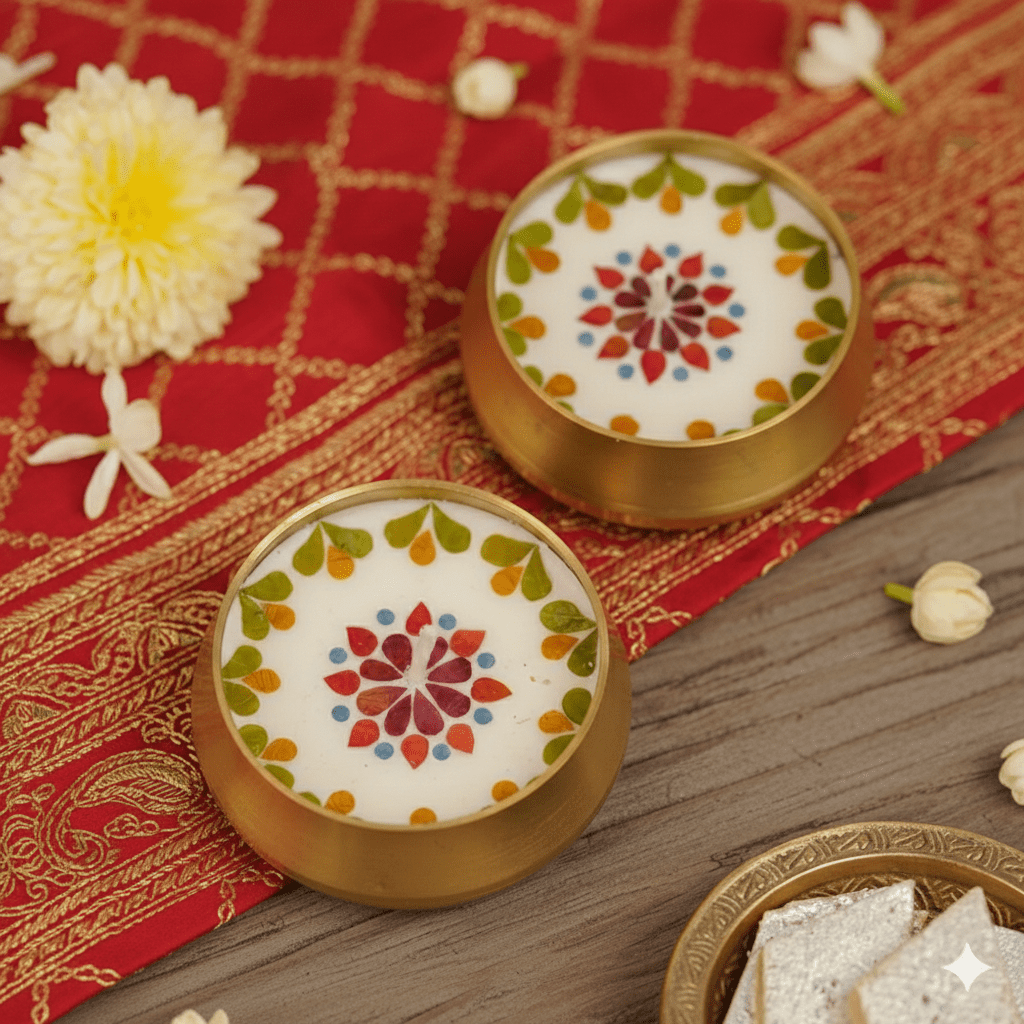 Pressed Flower Brass Urli Diyas Set of 2 | Decorative Brass Lamps – Candles & Fragrances on Brown Living™. SKU: tgr2026. Img 2.