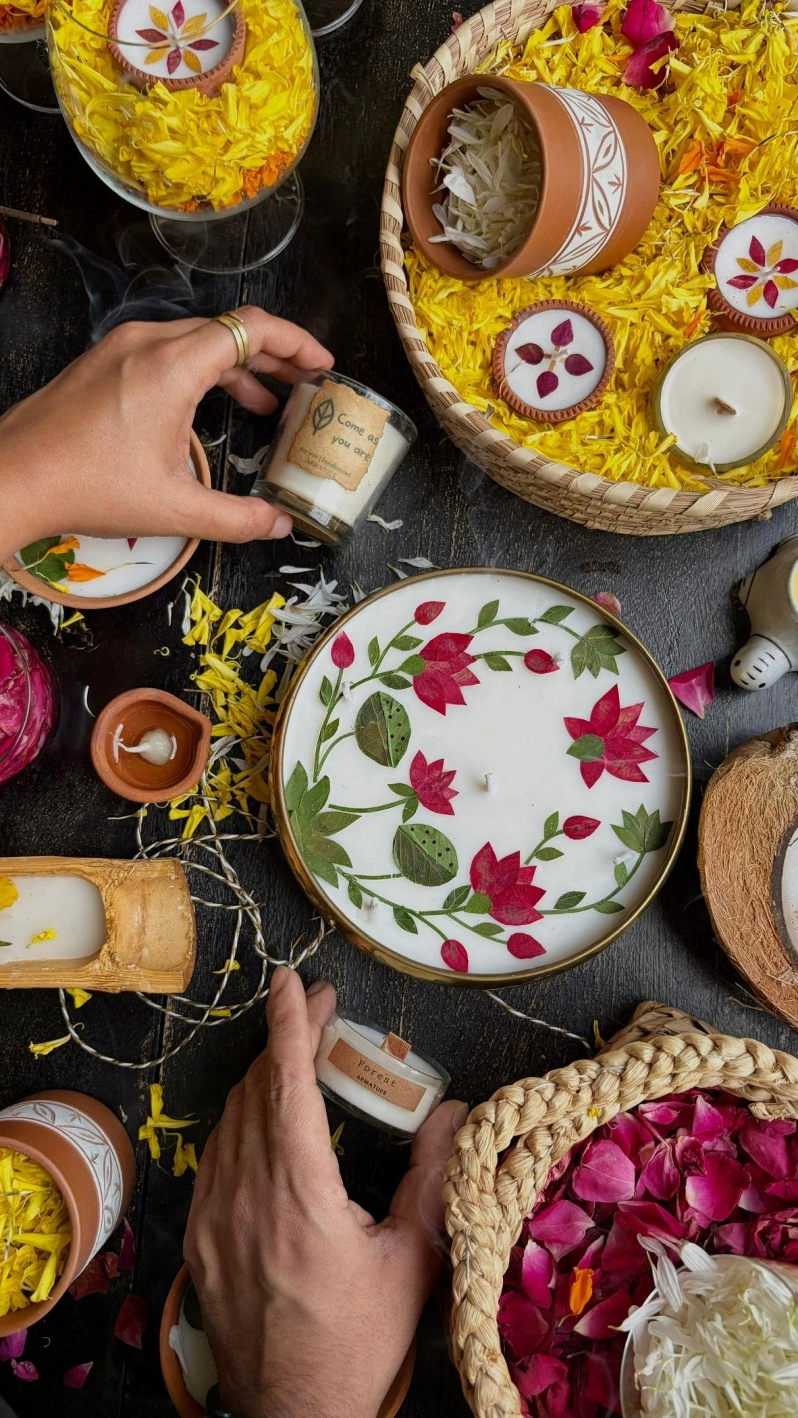 Pressed Flower Lotus Brass Urli Diya – Decorative Festive Lamp – Candles & Fragrances on Brown Living™. SKU: GRBR02. Img 2.