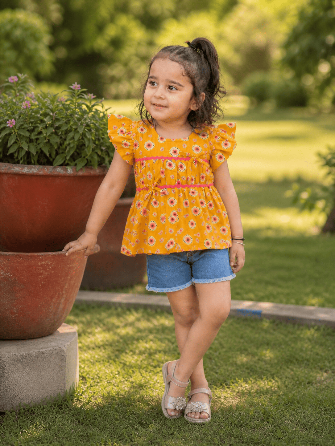 Pretty Knotty Top I Yellow Floral Organic Cotton Top for Girls – Kids Daywear Sets on Brown Living™. SKU: ZGPKTA. Img 2.