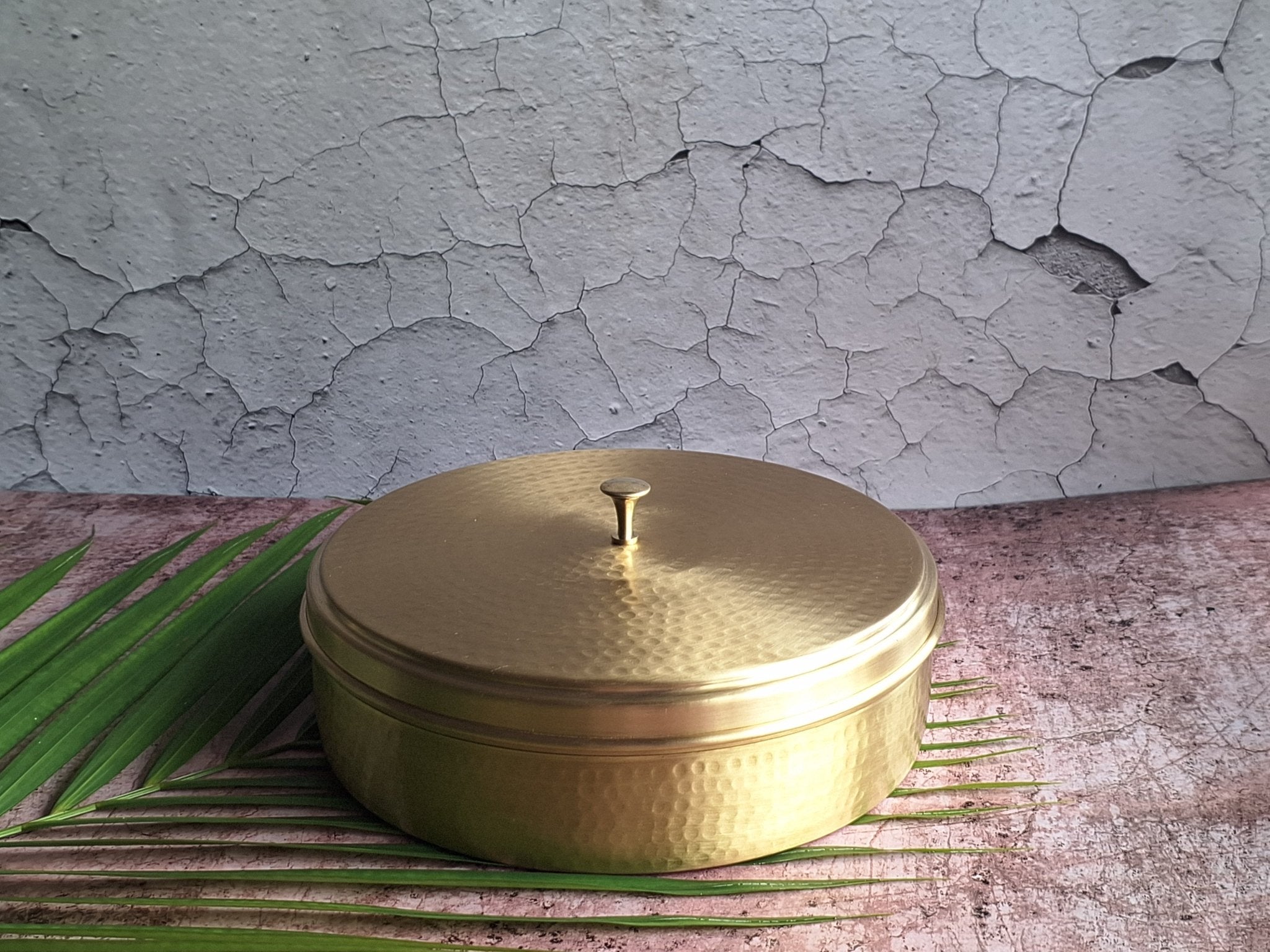 Pure Brass Masala Box (Matt Hammered Finish) | Traditional Spice Dabba – Kitchen Tools on Brown Living™. SKU: BMBMH. Img 1.