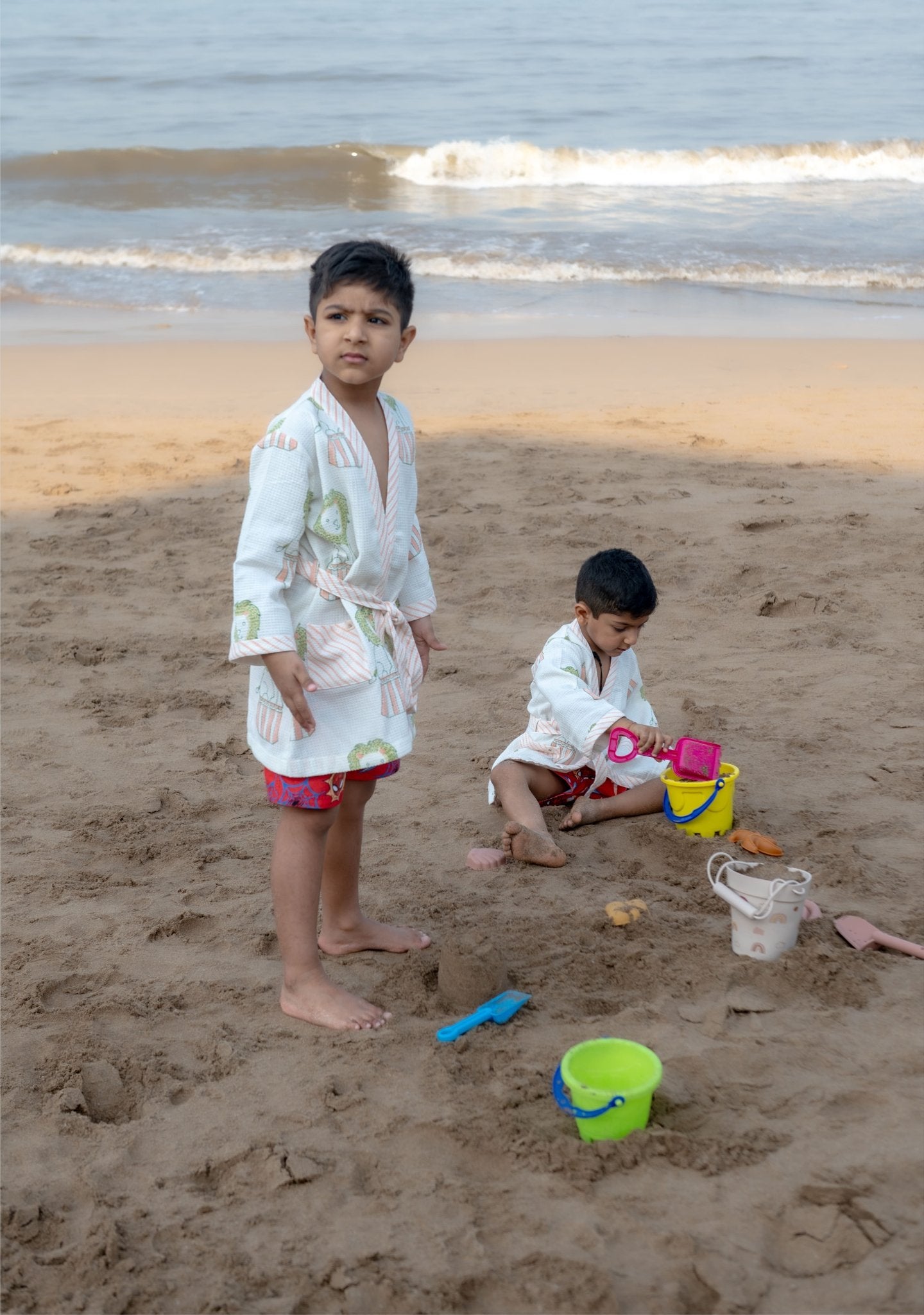 Pure Cotton Waffle Fabric Small Robe for Kids – Circus Design – Bath Linens on Brown Living™. SKU: MSY - 00433E - Peach - S. Img 7.