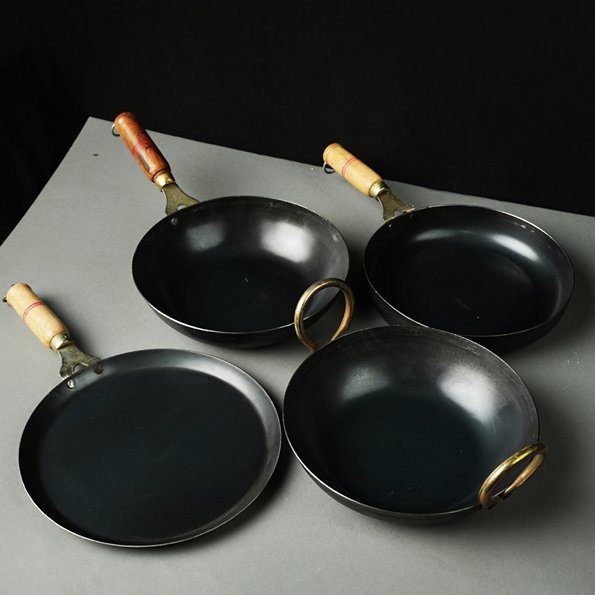 Pure Iron Handmade Family Combo (Kadai+ Fry Pan+ Round Wok+ Dosa Tawa) – Cookware on Brown Living™. SKU: Iron-Combo-5-4350g-packof4. Img 1.