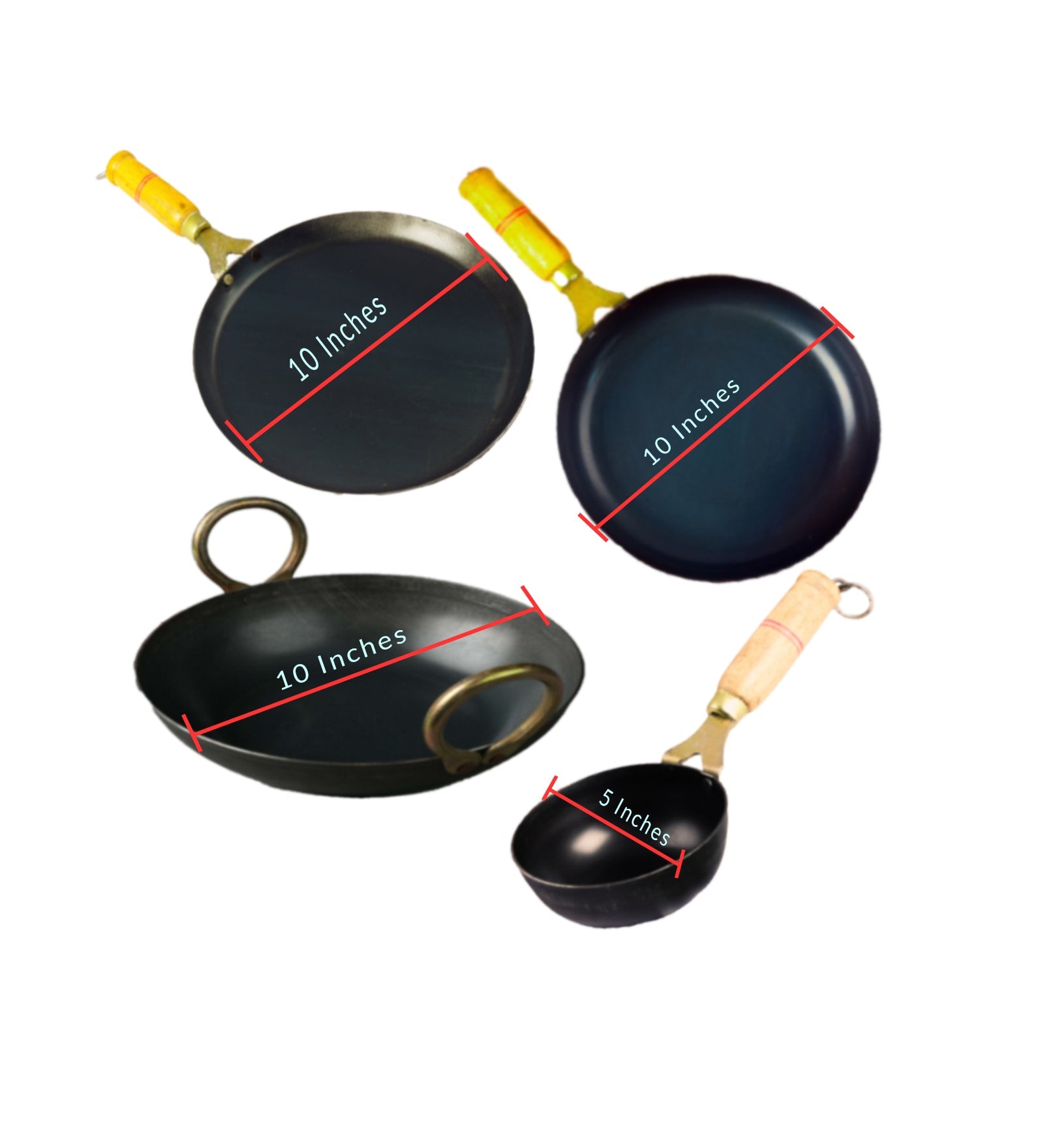 Pure Iron Handmade Family Combo (Ladle+ Fry Pan+ Dosa Tawa+ Kadhai) – Cookware on Brown Living™. SKU: Iron-Combo-3-3400g-packof4. Img 7.