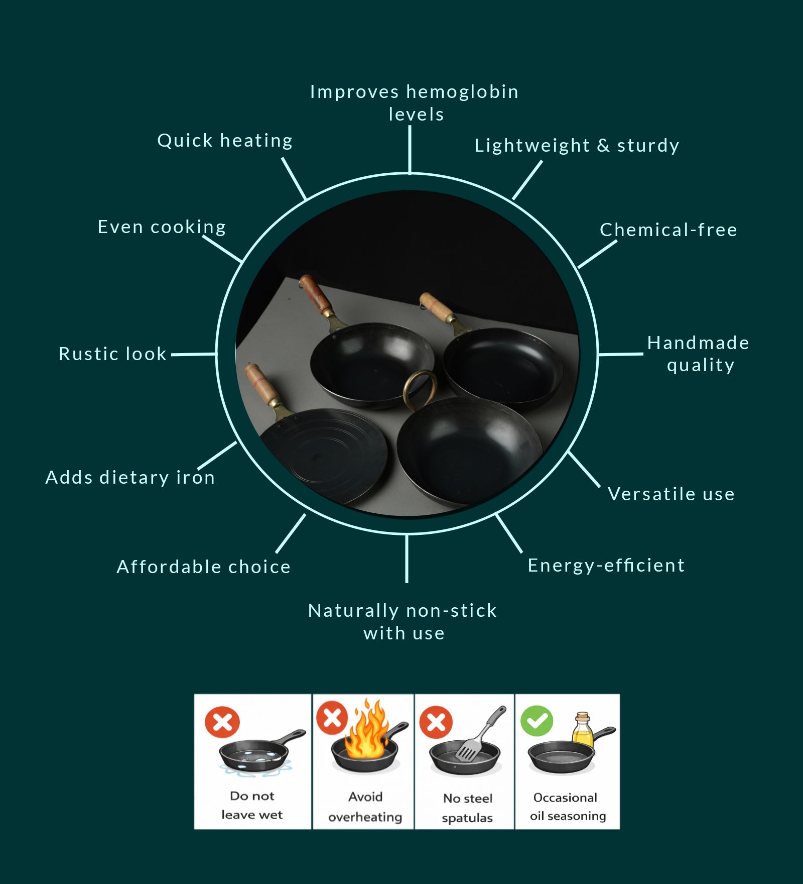 Pure Iron Handmade Family Combo (Roti Tawa+ Fry Pan+ Round Wok+ Kadai) – Cookware on Brown Living™. SKU: Iron-Combo-6-4350g-packof4. Img 7.
