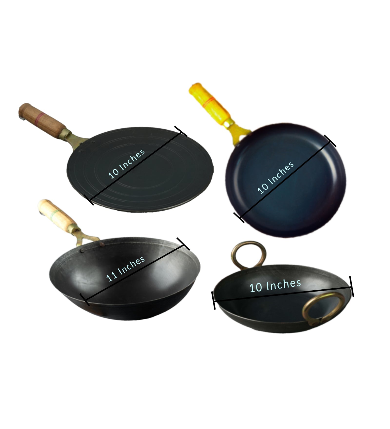 Pure Iron Handmade Family Combo (Roti Tawa+ Fry Pan+ Round Wok+ Kadai) – Cookware on Brown Living™. SKU: Iron-Combo-6-4350g-packof4. Img 6.